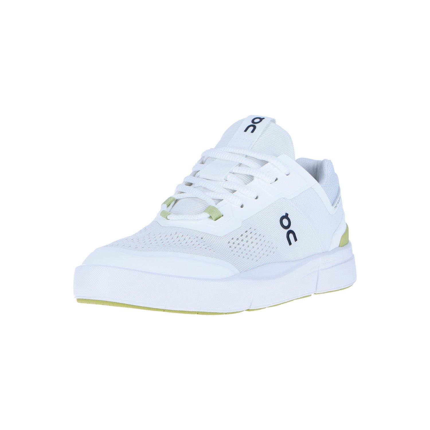 Der Roger Spin MN Undyed/Zest von On ist ein weißer Sportschuh mit perforierter Spitze, lindgrünen Akzenten, Mesh-Obermaterial und ON-Branding an der Seite und auf der Zunge für optimale Dämpfung, dargestellt auf einem schlichten weißen Hintergrund.