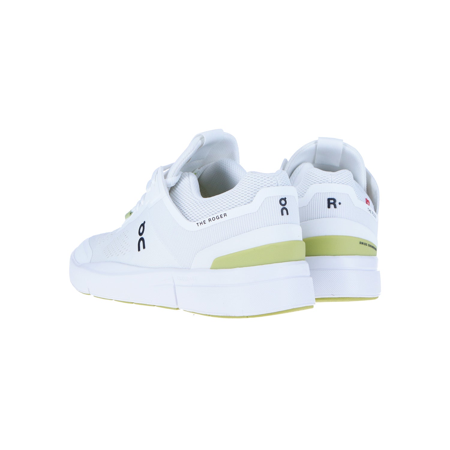 Ein Paar On The Roger Spin MN Undyed/Zest Turnschuhe mit weißem Mesh-Obermaterial und hellgrünen Akzenten, mit THE ROGER Text auf der Seite und R/O Buchstaben auf den Fersen, in einem Winkel, der die Außenseiten und Rückseiten zeigt.