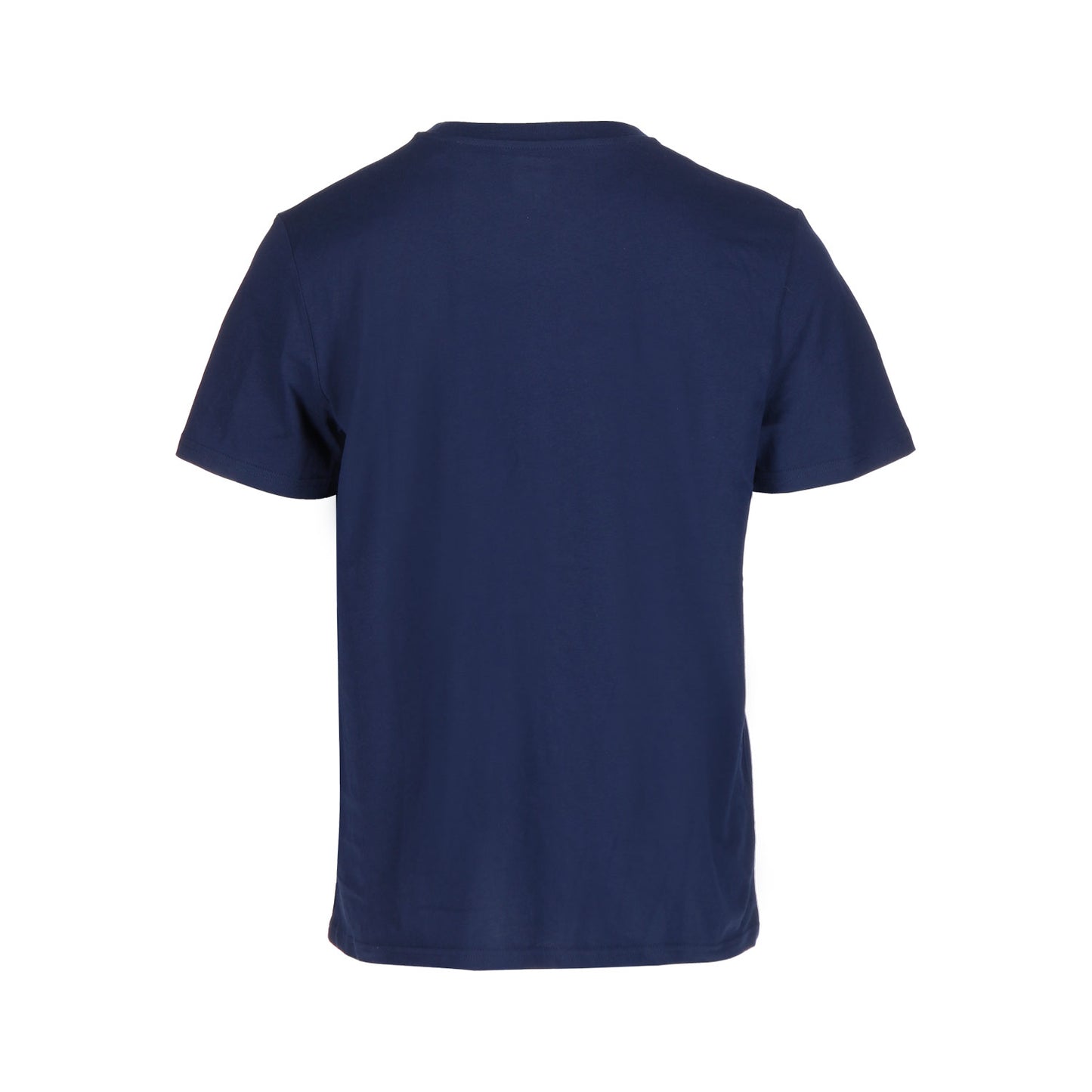 Ein schlichtes Mausendorf Frenchnavy Shirt von GNSBRND zeigt sich von hinten auf weißem Grund. Aus weicher Bio-Baumwolle gefertigt, bietet dieses kurzärmelige T-Shirt zeitlosen, umweltfreundlichen Komfort und Stil.