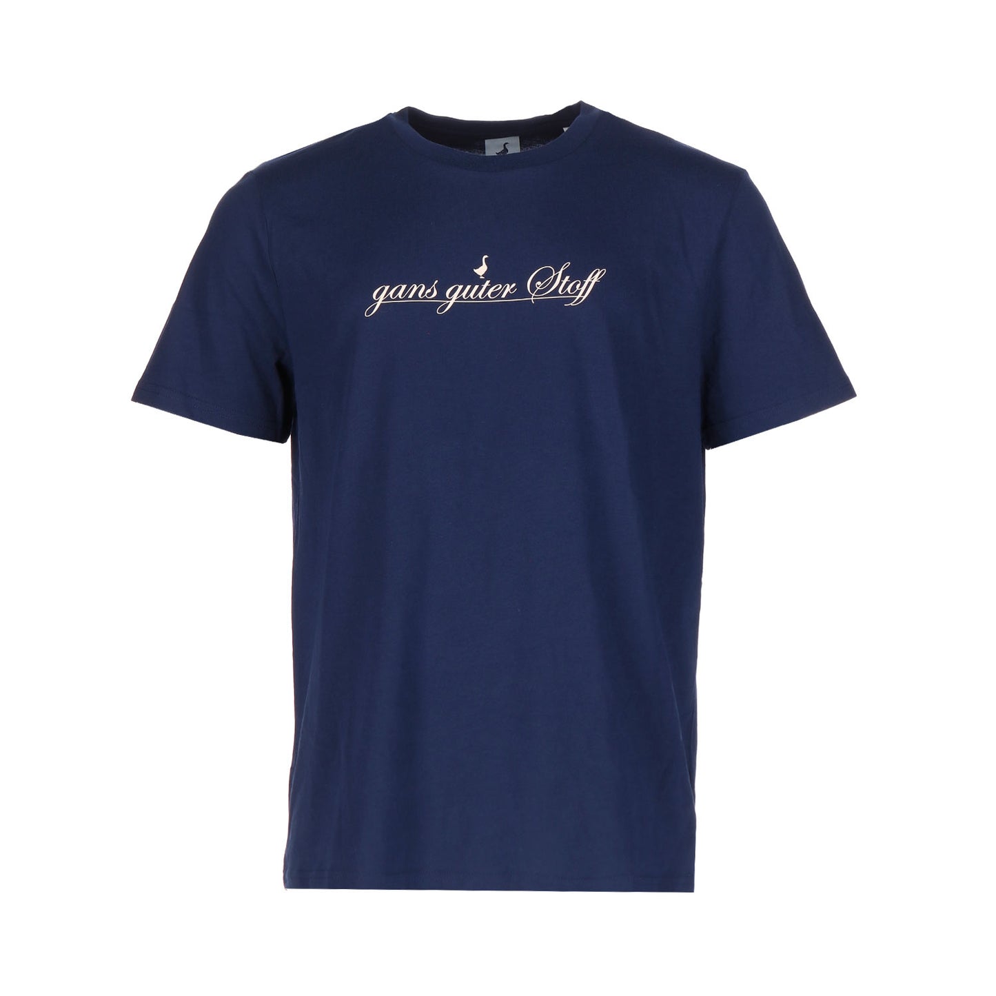 Das Mausendorf Frenchnavy von GNSBRND ist ein unifarbenes, marineblaues T-Shirt mit kurzen Ärmeln und dem Schriftzug "ganz guter Stoff" in weißer Schreibschrift auf der Brust, hergestellt aus weicher Bio-Baumwolle.