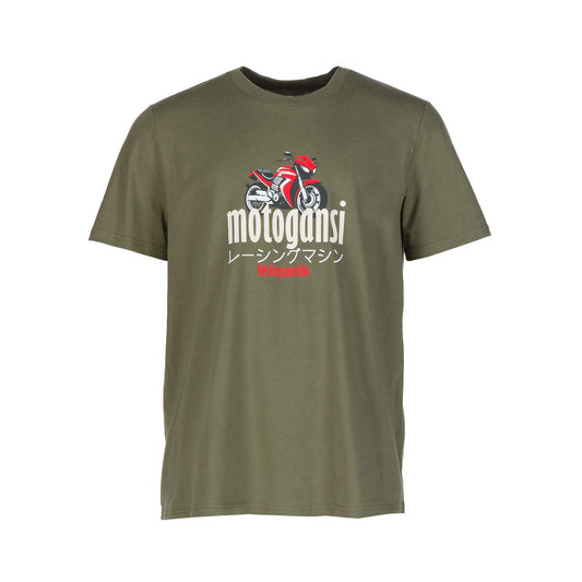 Khakifarbenes GNSBRND Suzukiquattro-Shirt aus Bio-Baumwolle mit roter Motorradgrafik über "motogansi" und japanischem Text, darunter "Ridingmania" in Rot.