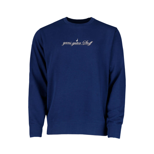 Das GNSBRND Kuehndorf Frenchnavy ist ein unifarbenes, marineblaues Rundhalssweatshirt aus Bio-Baumwolle mit dem Schriftzug "ganz guter Stoff" in kleiner, weißer Schreibschrift auf der Brust. Abgebildet vor einem weißen Hintergrund.