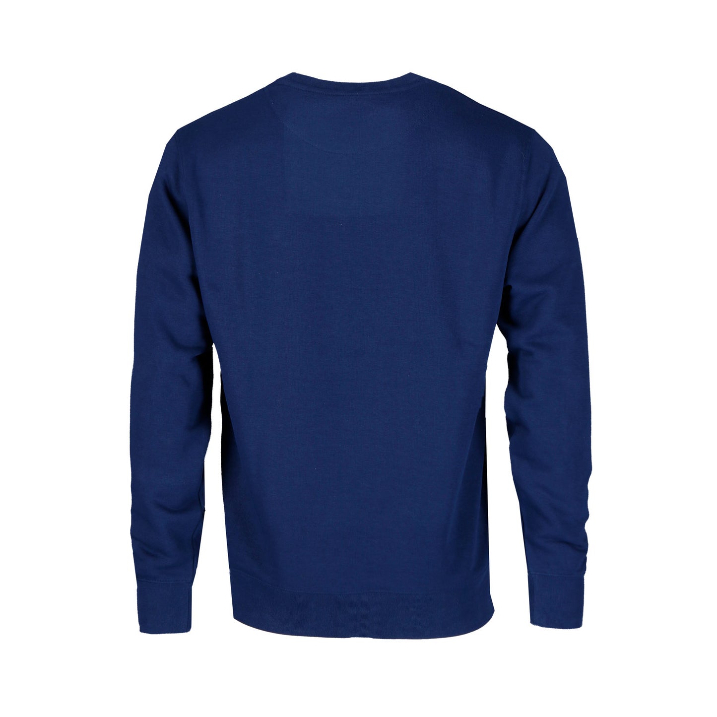 Die Rückenansicht zeigt das Kühndorf Frenchnavy Sweatshirt von GNSBRND, hergestellt aus Bio-Baumwolle und Recyceltes-Polyester. Es ist einfarbig navyblau mit langen Ärmeln, Rundhalsausschnitt, Rippbündchen an Ärmeln und Saum und ohne sichtbare Logos oder Verzierungen.