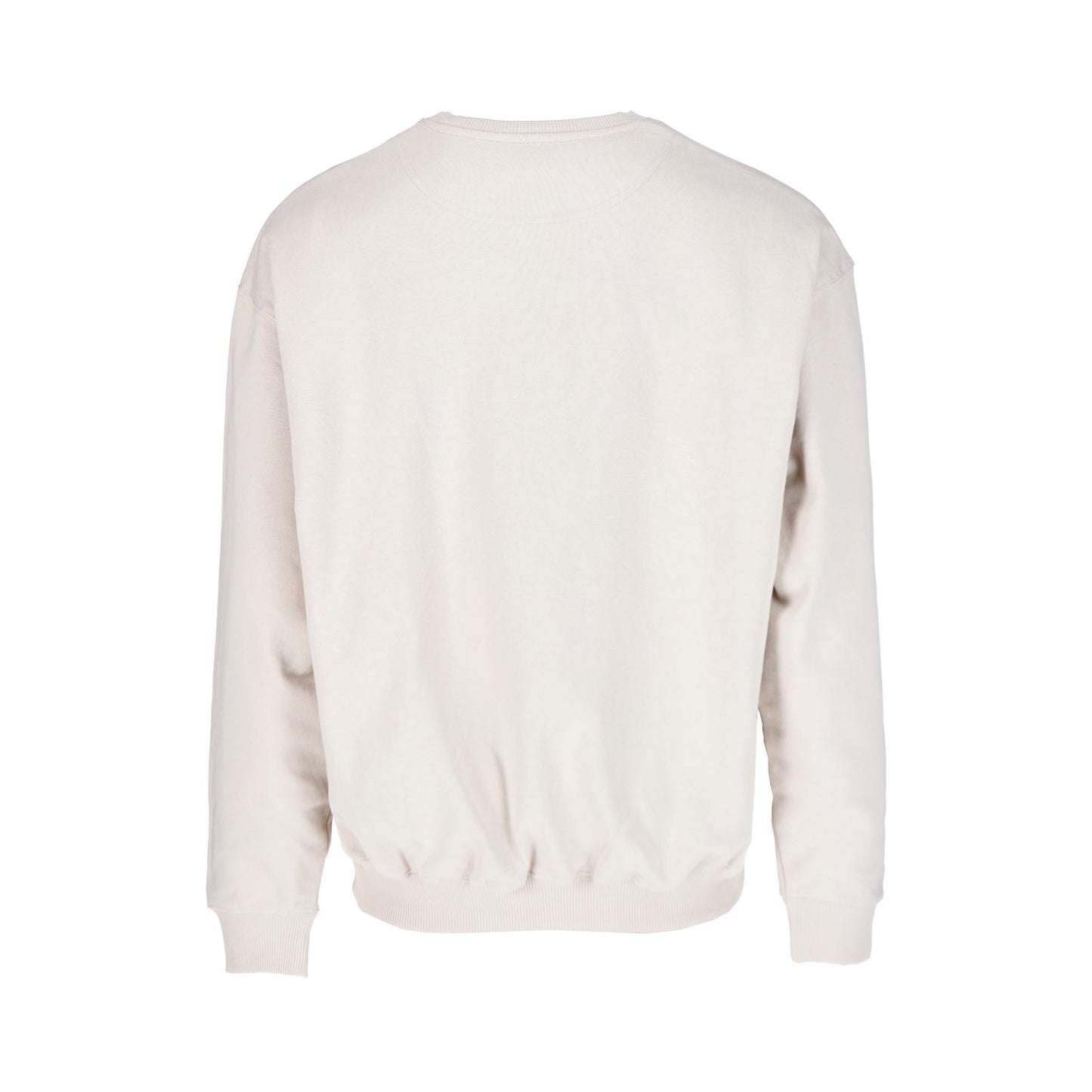Rückansicht des GNSBRND Eschenhof Desertdust: ein schlichtes, langärmeliges, hellbeiges Sweatshirt aus Bio-Baumwolle mit Rippbündchen an Ärmeln und Bund, das nachhaltige Mode auf weißem Grund zeigt.