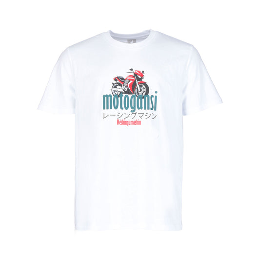 Das GNSBRND Suzukiquattro Shirt White aus Bio-Baumwolle zeigt eine rote Motorradgrafik über "MOTOGANSI" und japanischen Schriftzeichen, darunter ist "Racingmachine" in fettem Rot aufgedruckt.