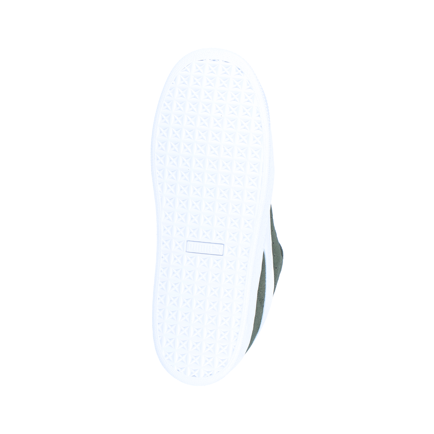 Ein Blick auf die Untersohle des Puma Suede XL MN in Dark Olive/Puma White, mit einem weißen, strukturierten Gittermuster und einem Blick auf das Obermaterial in Dark Olive vor einem weißen Hintergrund.