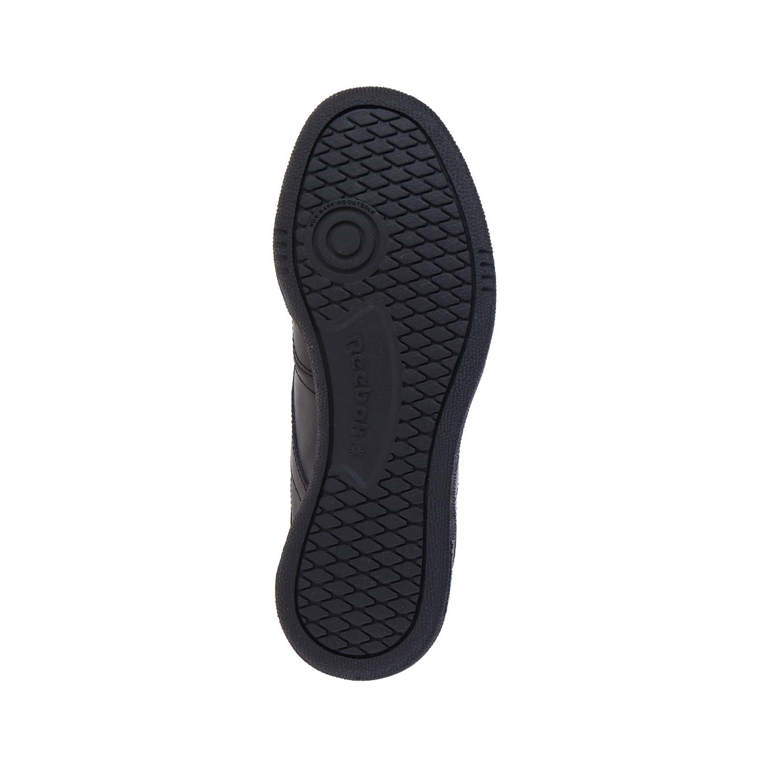 Das Bild zeigt die schwarze Gummisohle eines Schuhs mit rautenförmigem Profil und der Prägung "Dr. Scholls" in der Mitte, die an den robusten Stil der Reebok CLUB C 85 WMN/MN Int-Black/Charcoal-Schuhe erinnert.