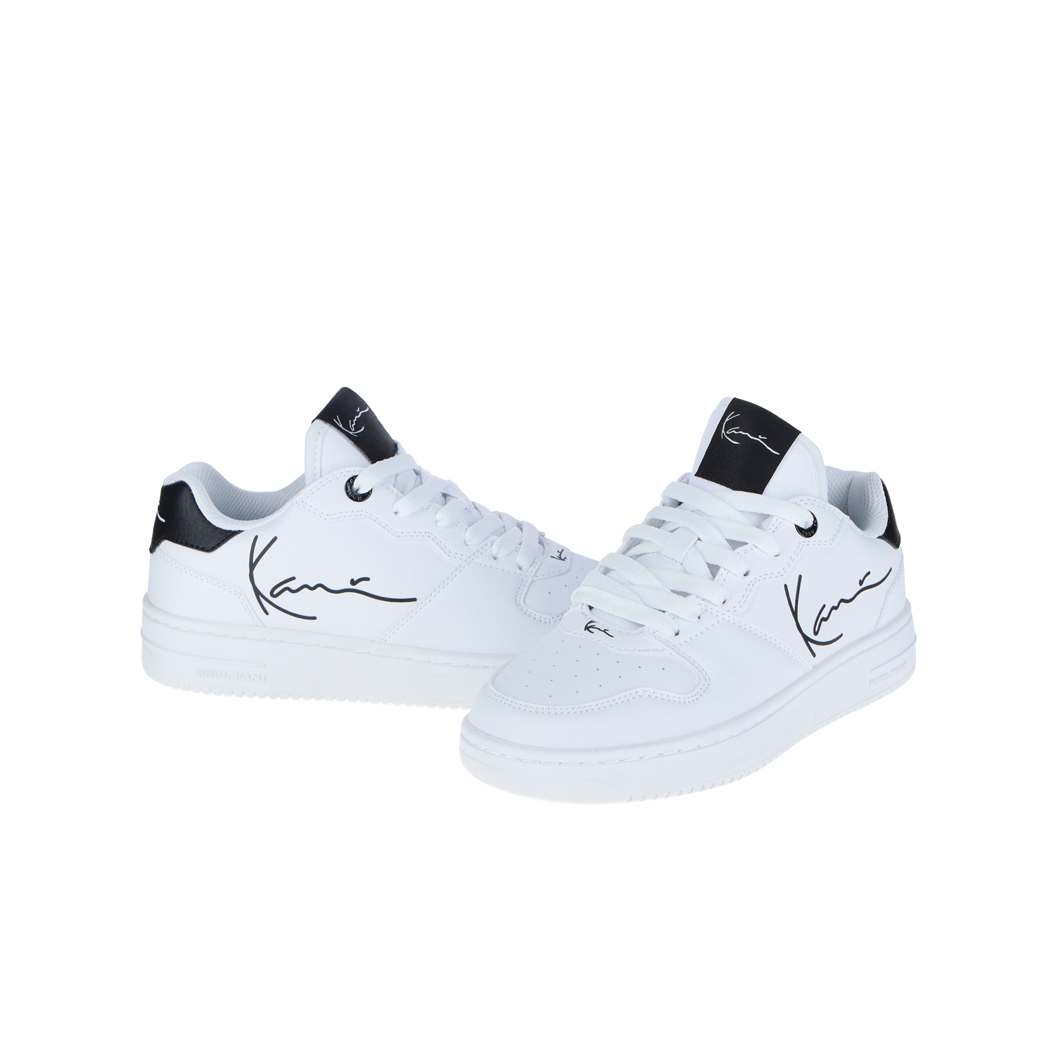 Die Karl Kani Kani 89 Logo GS White/Black WMN sind Low-Top-Sneaker in Weiß mit schwarzen Details, die aus hochwertigem Leder und Textil bestehen. Sie haben ein schwarzes Logo an den Seiten und auf der Zunge, weiße Schnürsenkel und einen minimalistischen Look.