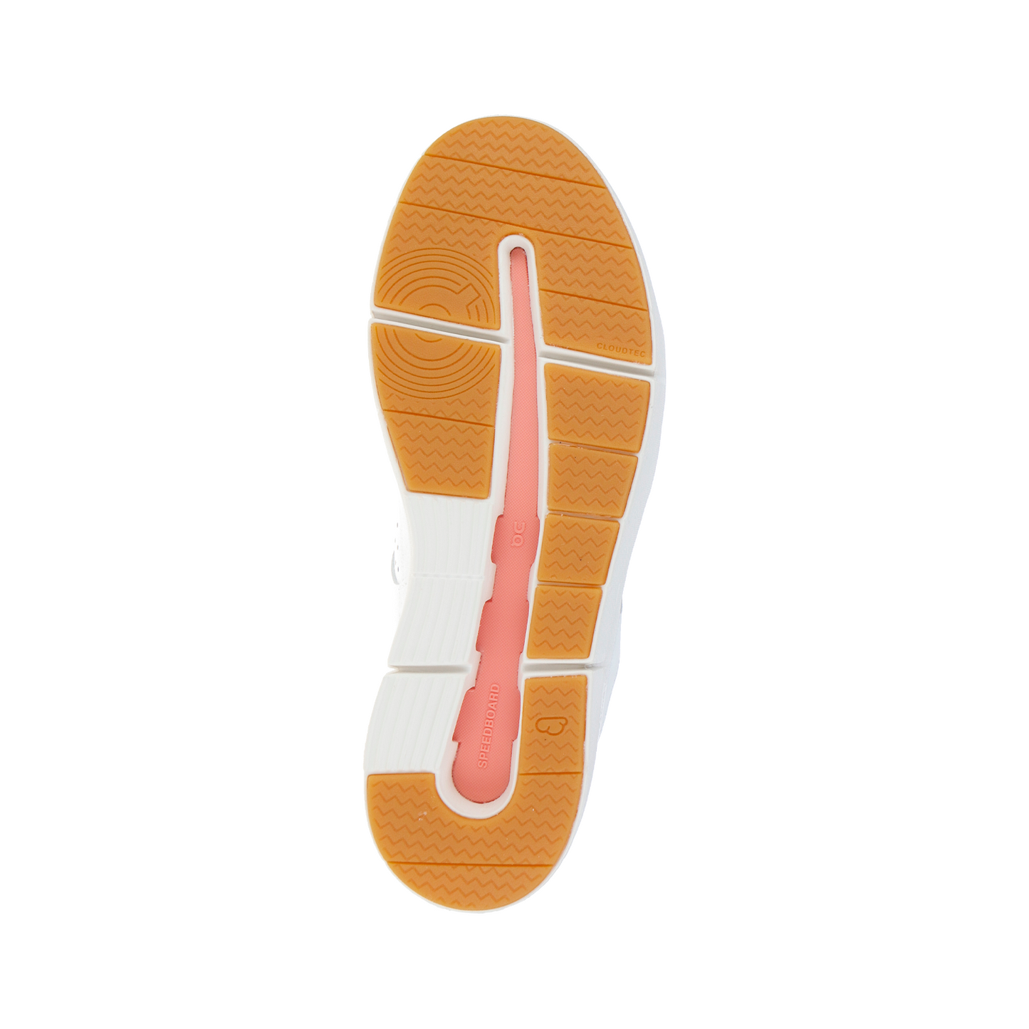 Die Außensohle des ON THE ROGER CLUBHOUSE White/Flamingo WMN Sneakers kombiniert helloranges, weißes und rosafarbenes Gummi mit verschiedenen Texturen und Rillen, um optimalen Grip zu gewährleisten.