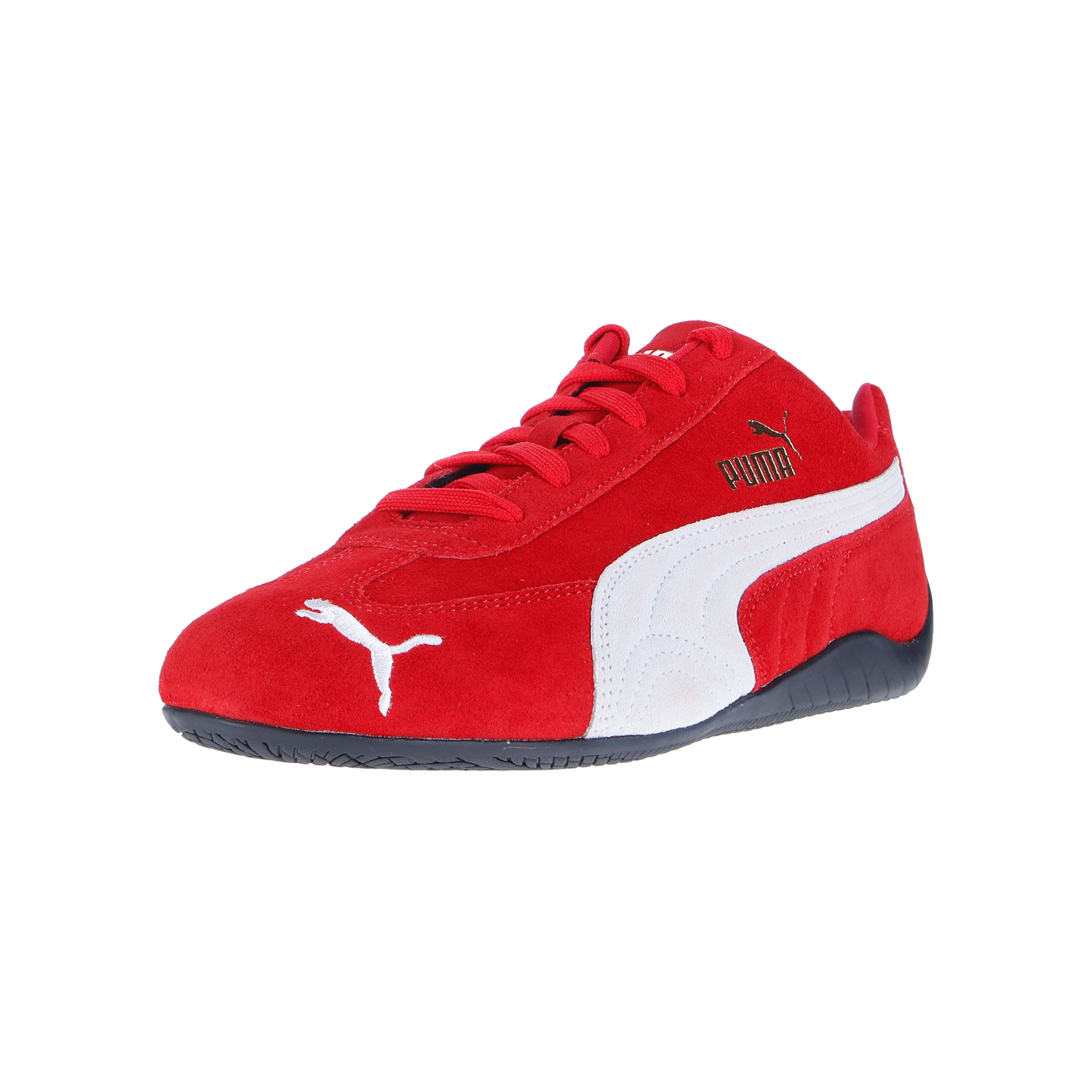 Der Puma Speedcat OG Red/White MN verfügt über ein rotes Obermaterial aus Leder mit weißem Seitenstreifen, weißem Puma-Logo auf der Schuhspitze, schwarzer Laufsohle und stylischen Textilien-Akzenten, die auf einem weißen Hintergrund dargestellt werden.