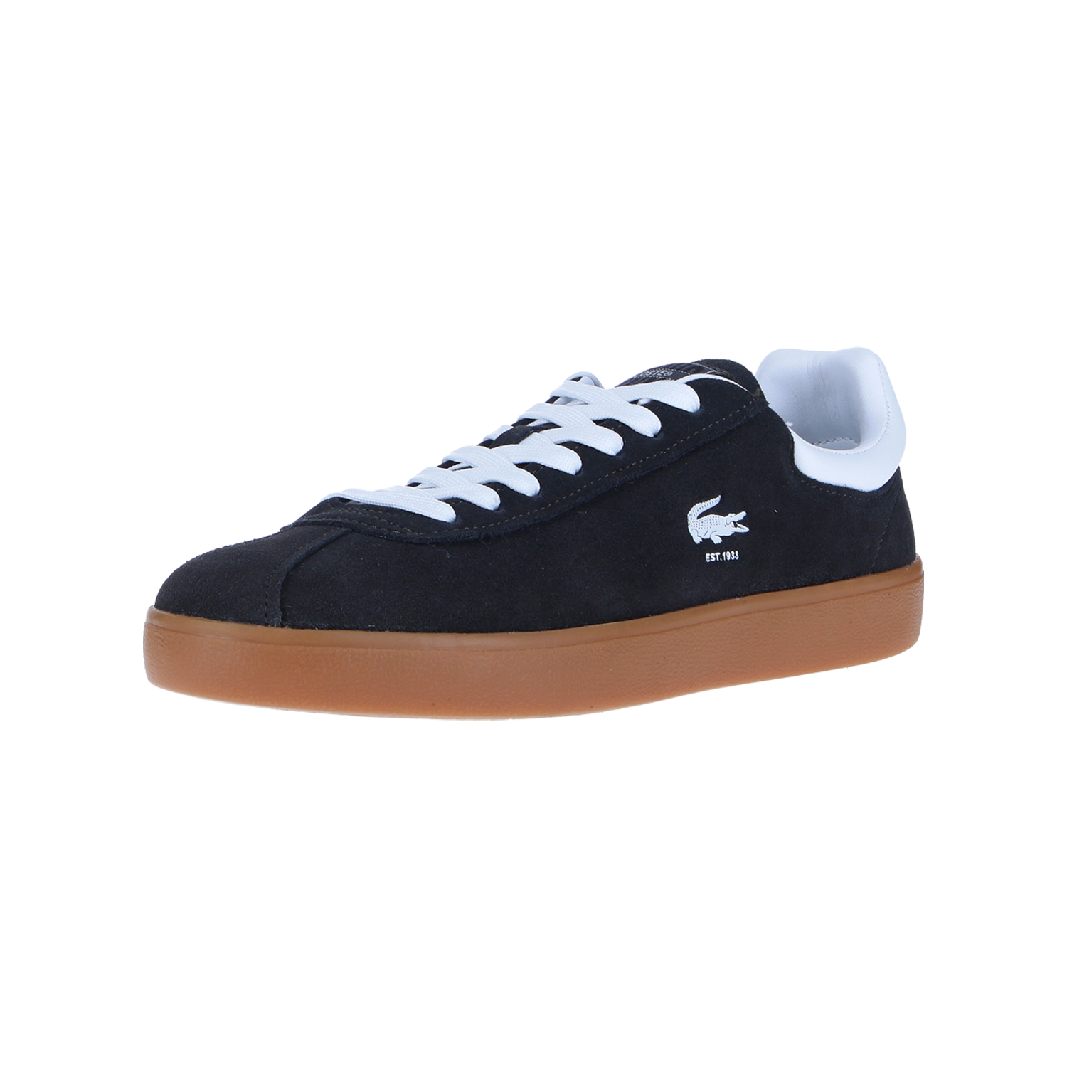 Der LACOSTE BASESHOT 224 1 SMA Dark Grey MN ist ein dunkelgrauer Wildledersneaker mit weißen Schnürsenkeln, einer weichen weißen Textilinnenausstattung, brauner Gummisohle und einem kleinen weißen Krokodillogo an der Seite.