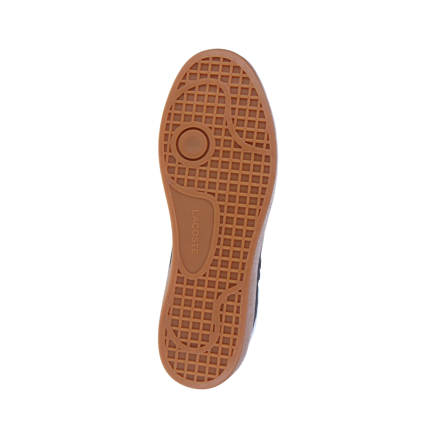 Das Bild zeigt die braune Laufsohle des BASESHOT 224 1 SMA Dark Grey MN Schuhs mit einem waffelartigen Profil, das in der Mitte den Markennamen LACOSTE und in der Nähe der Ferse ein kreisförmiges Muster aufweist.