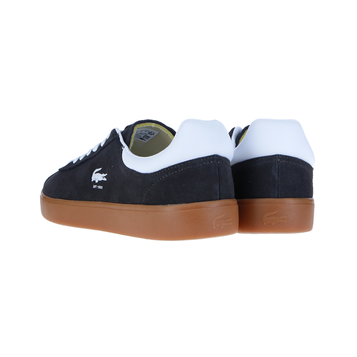 Ein Paar LACOSTE BASESHOT 224 1 SMA dunkelgraue Turnschuhe mit weißer Fersenkappe, weißen Schnürsenkeln und brauner Sohle, gezeigt von hinten und von der Seite. Das Lacoste-Logo ist an der Seite jedes Schuhs zu sehen.