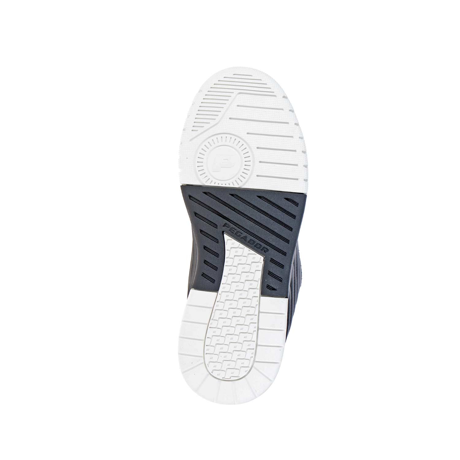 Das Bild zeigt die Sohle des PEGADOR Venice Skate Low Black Off White MN Sneakers, mit einem schwarzen und weißen geometrischen Profil und einem kleinen kreisförmigen Logo in der Nähe der oberen Mitte.
