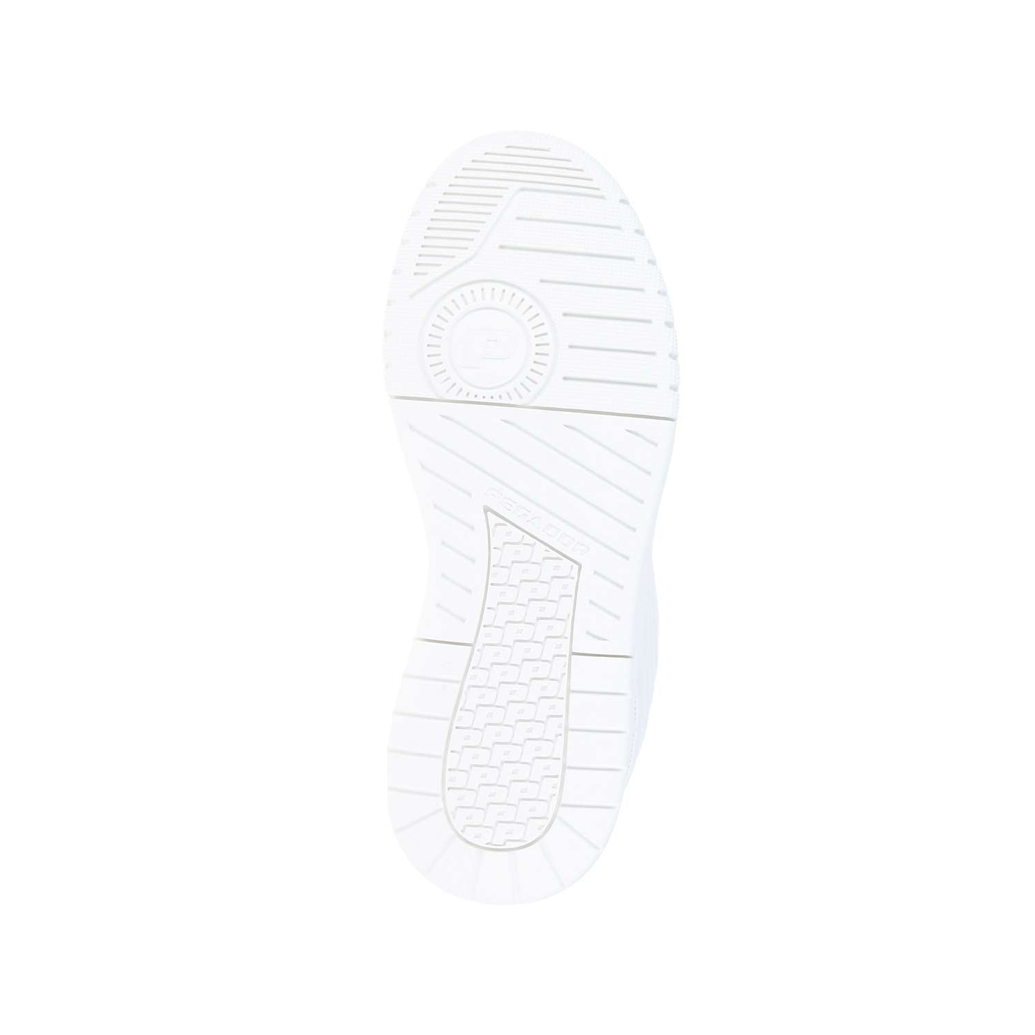 Das Bild zeigt die Sohle des Turnschuhs PEGADOR Venice Skate Low Off White MN mit einem gemusterten Profil mit geometrischen Formen und Linien für die Traktion, hergestellt aus hochwertigen Textilien, vor einem schlichten weißen Hintergrund.