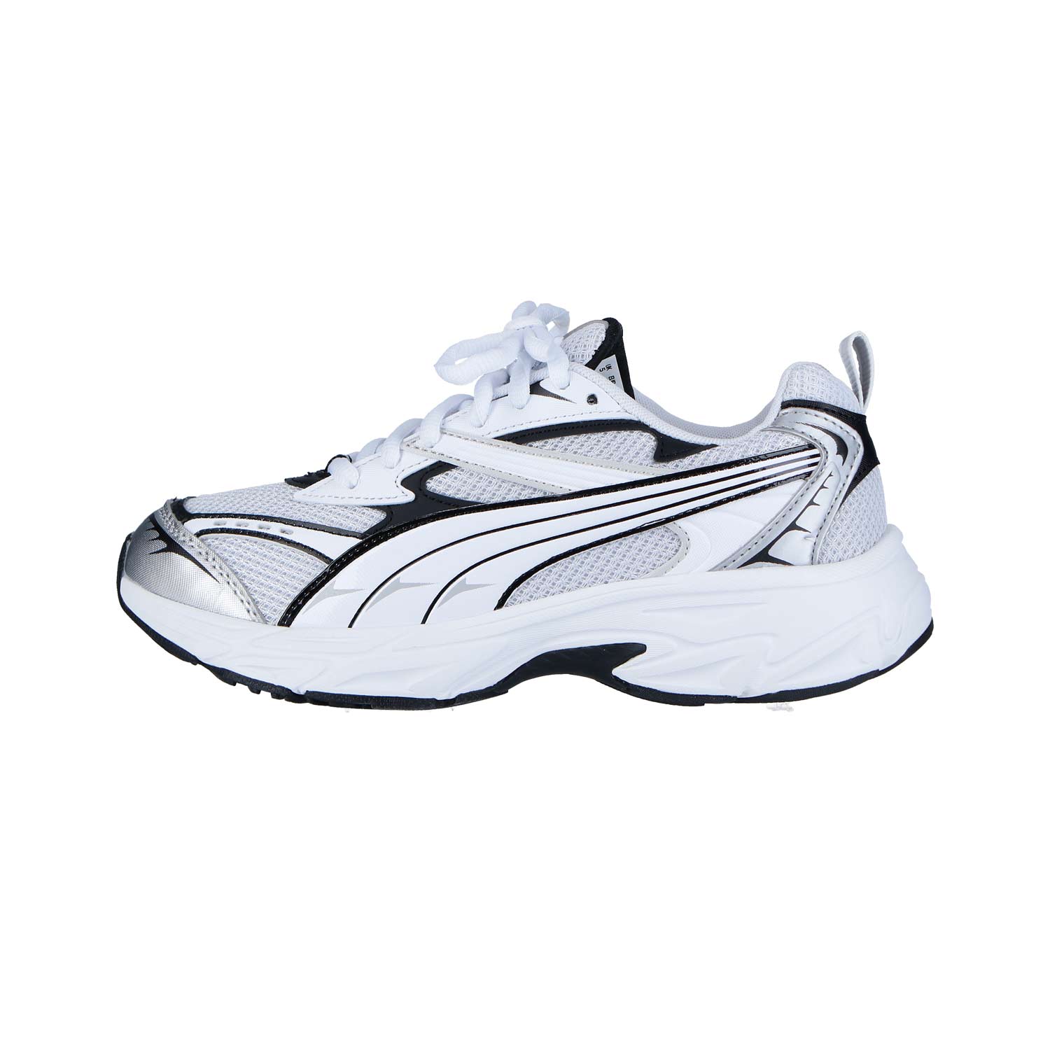 Der Puma Morphic Base Feather Gray - Puma Black Unisex von Puma hat schwarze und silberne Akzente, eine klobige Sohle und eine Schnürung vorne, die auf einem schlichten weißen Hintergrund gezeigt wird.