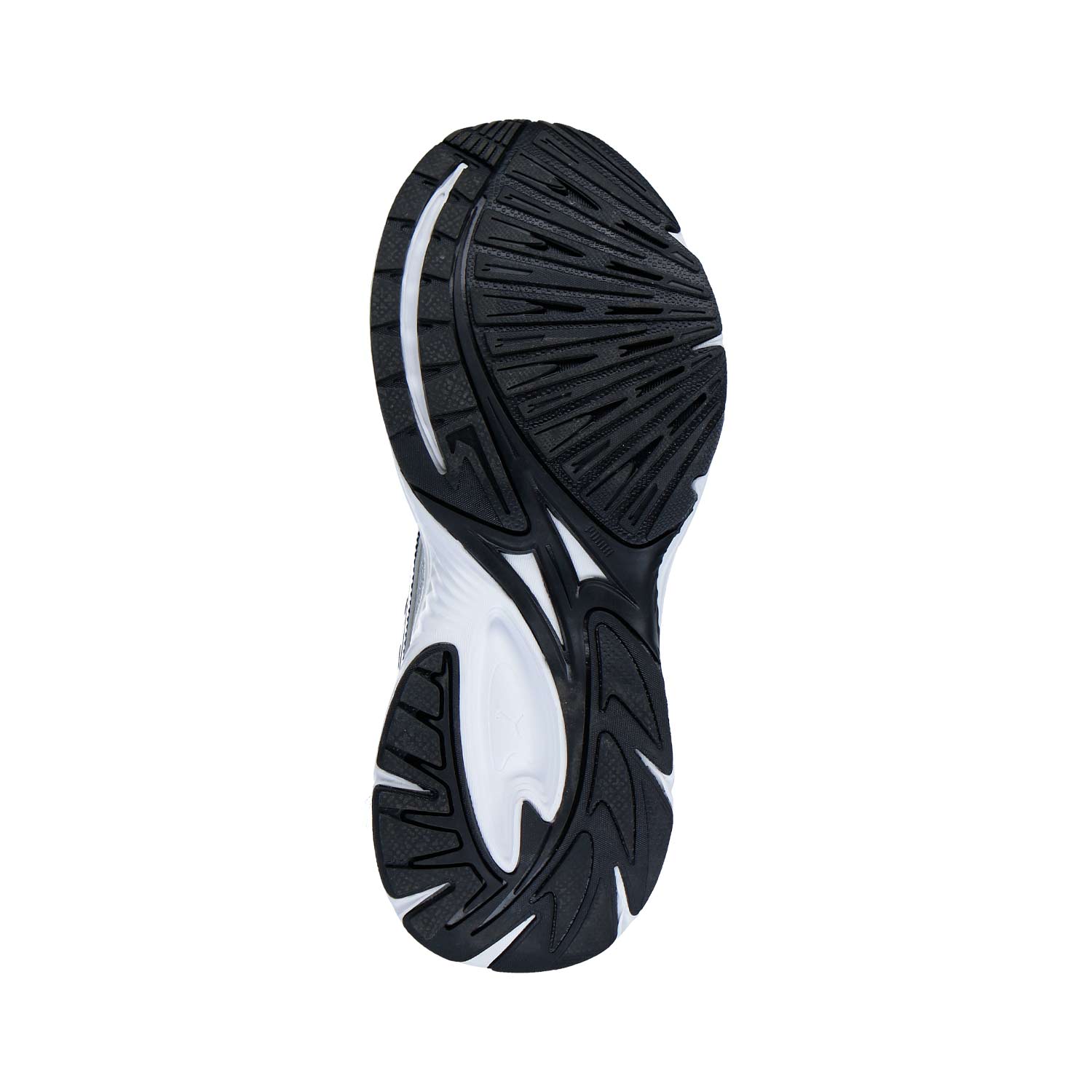 Das Bild zeigt die schwarz-weiße Gummi-Außensohle des Puma Morphic Base Feather Gray - Puma Black Unisex Schuhs von Puma, mit einem strukturierten Profil für Grip. Der Schuh ist mit der Sohle nach oben auf einem weißen Hintergrund dargestellt.