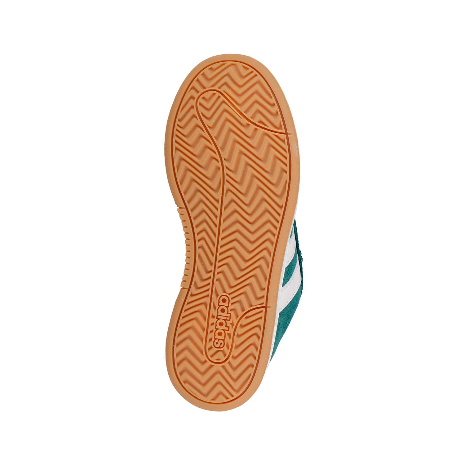 Der Adidas GRAND COURT ALPHA 00s grün WMN Sneaker verfügt über eine Gummi-Außensohle mit Fischgrätprofil und das Adidas-Logo in der Mitte, plus Retro-Grün und weiße Design-Akzente an den Seiten.