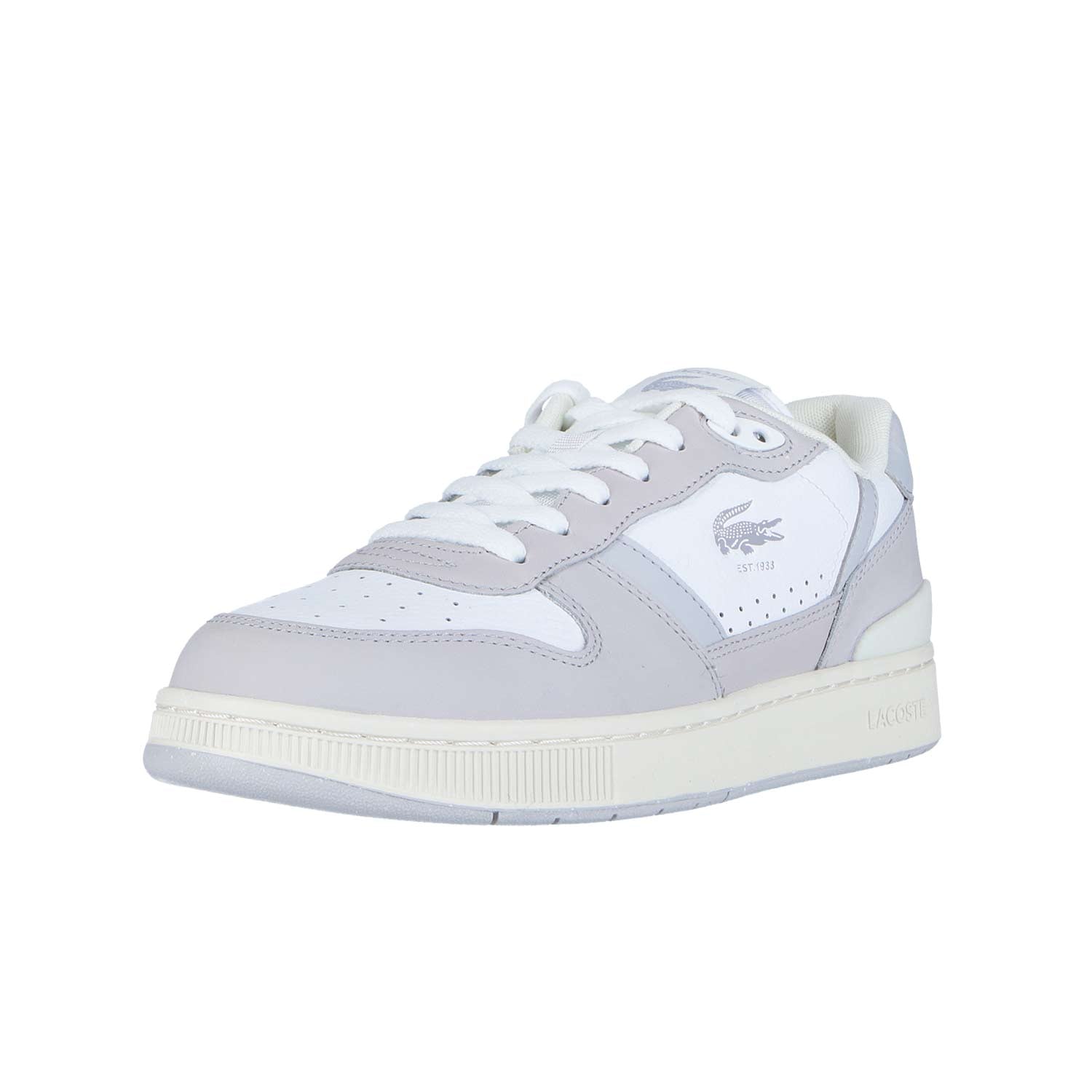 Der LACOSTE T-CLIP SET 224 6 SMA WHT/LT GRY MN ist ein weißer und hellgrauer Sneaker mit Schnürung, dem charakteristischen Krokodil-Logo an der Seite und einer dicken weißen Sohle für einen bequemen Sitz mit sportlicher Eleganz.