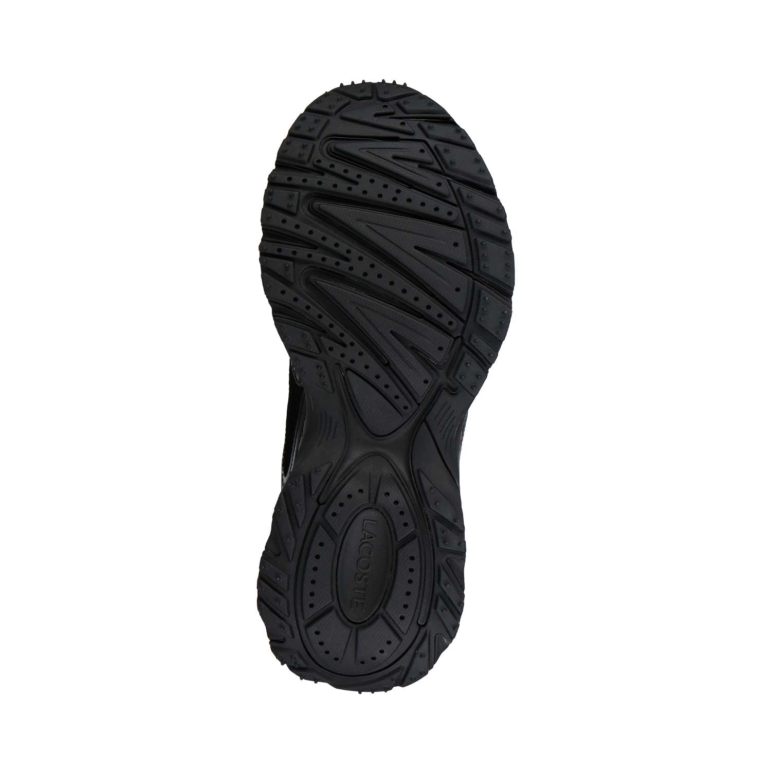 Der LACOSTE L003 NEO SHOT 125 1 SMA BLK/BLK MN verfügt über eine schwarze Gummisohle mit strukturiertem Grip-Muster und dem Lacoste-Logo in der Mitte, das auf einem schlichten weißen Hintergrund abgebildet ist.