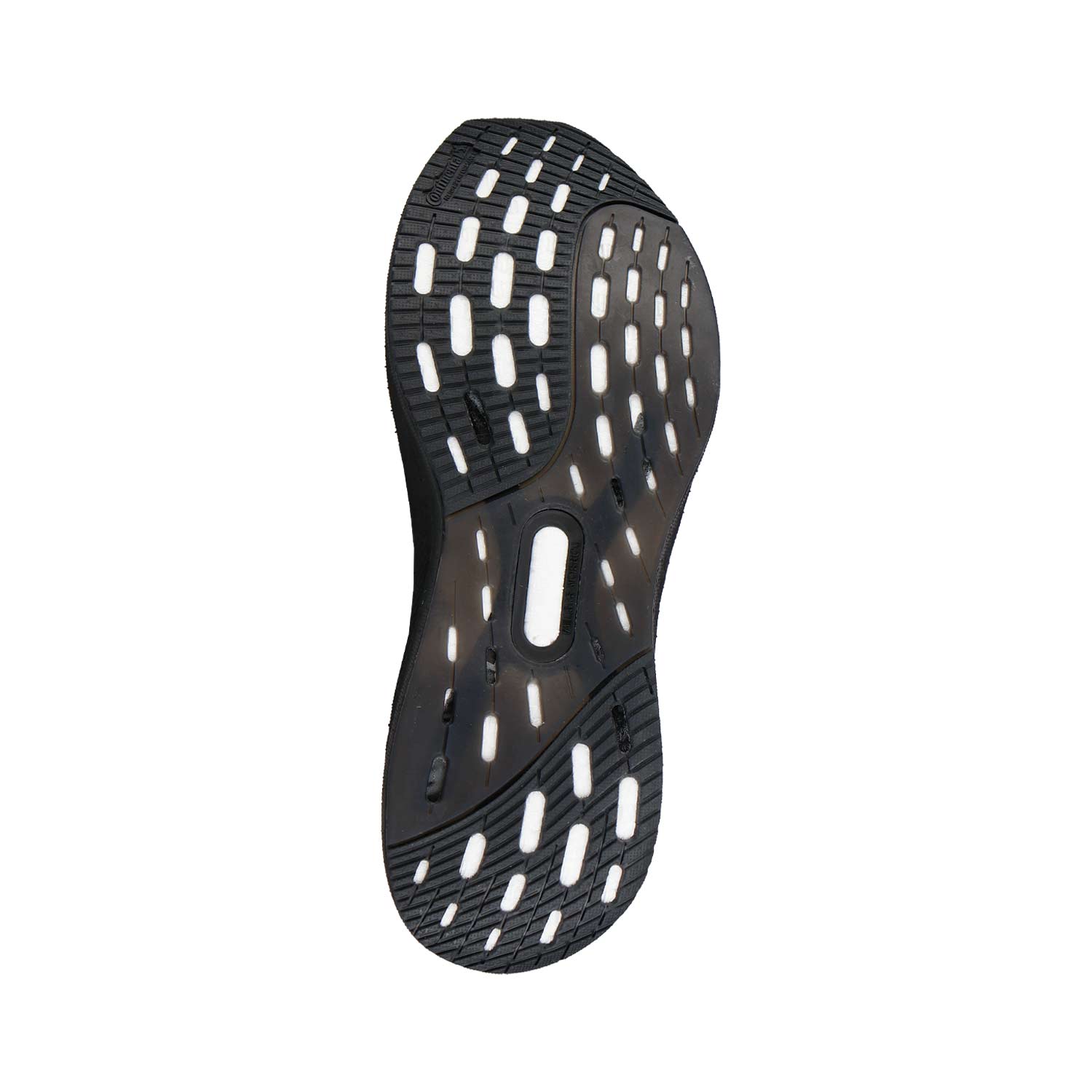 Die Abbildung zeigt die schwarze Laufsohle des Adidas ULTRABOOST 5 Black MN Sneakers mit mehreren ovalen weißen Aussparungen und einem strukturierten Profil für optimalen Halt, geeignet für natürliche oder synthetische Textilien.