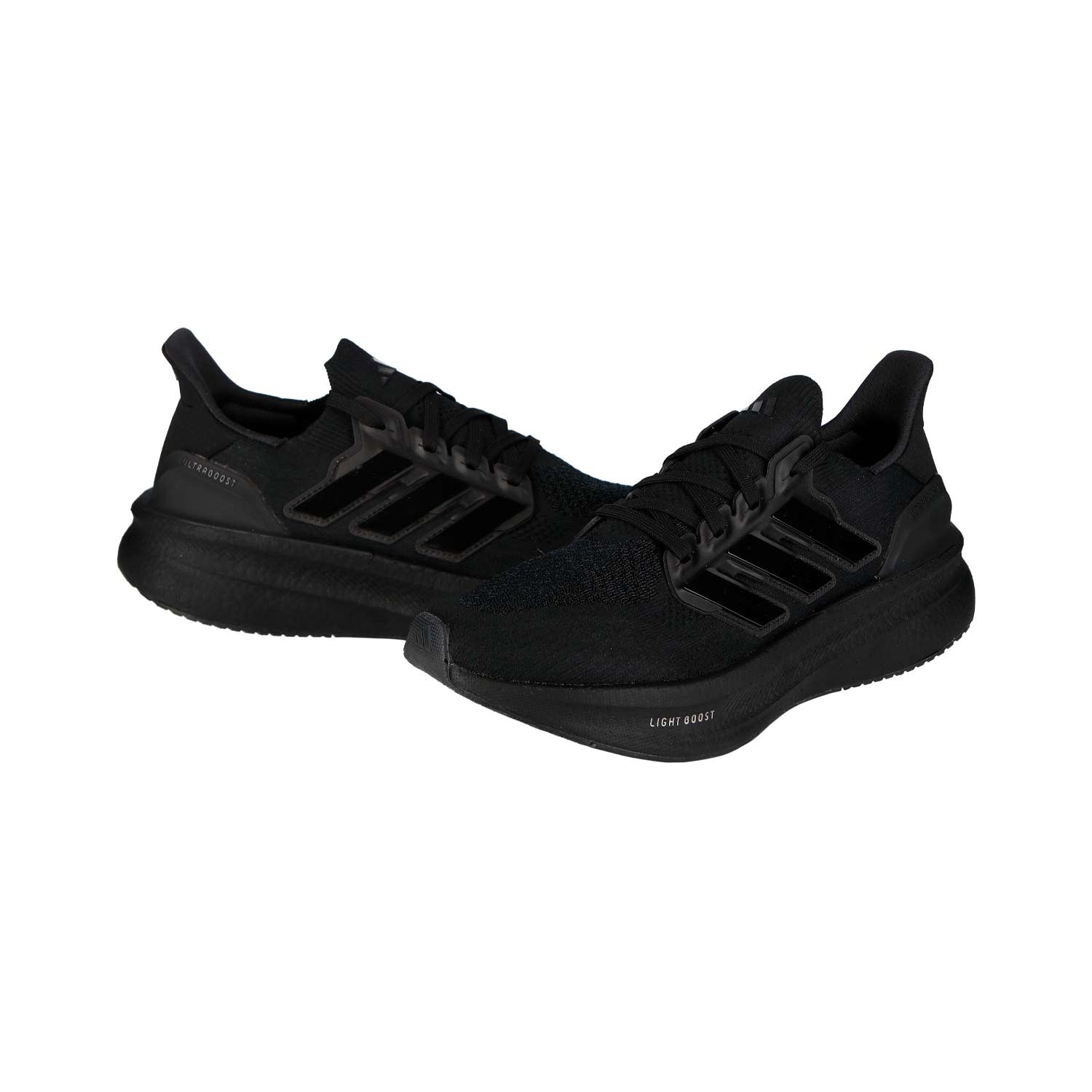 Ein Paar ULTRABOOST 5 Schwarz MN Adidas Laufschuhe mit Unterschrift drei Streifen und texturierte Laufsohle, auf einem weißen Hintergrund angezeigt.