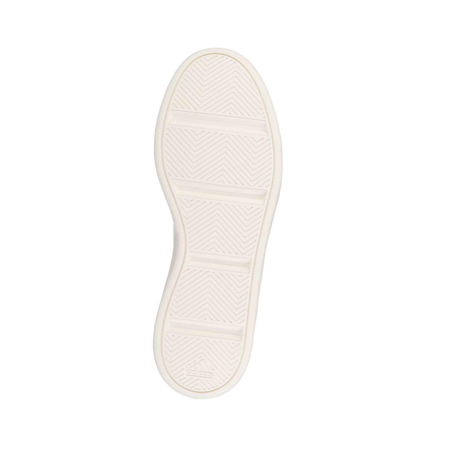 Das Bild zeigt die Unterseite des Adidas ASPYRE WHITE MN, mit einer weißen Laufsohle mit Fischgrätenprofil, rechteckigen Abschnitten und einem kleinen Adidas-Logo in der Nähe der Ferse.