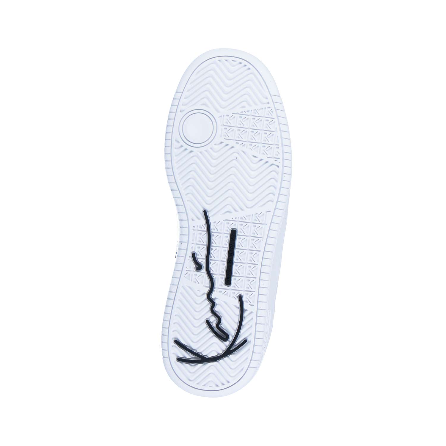 Der 89 Classic WHITE MN Sneaker von Karl Kani zeichnet sich durch eine strukturierte weiße Sohle und eine schwarze abstrakte Gesichtsillustration in der Nähe der Ferse aus - ideal für Fans der Urban Styles Agency, denn diese unverwechselbaren weißen Schuhe heben sich von jedem schlichten weißen Hintergrund ab.