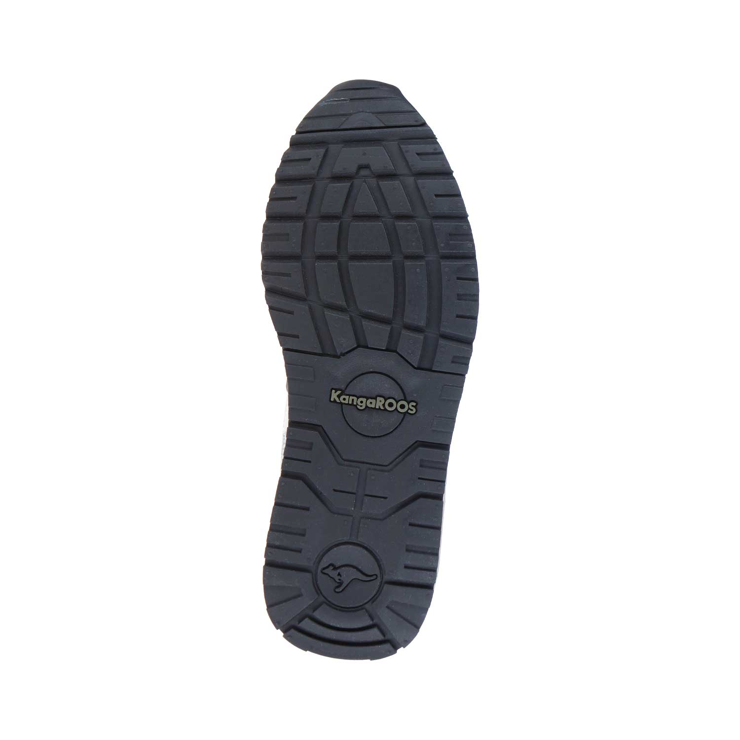 Das Bild zeigt die schwarze Gummilaufsohle des KangaROOS Ultimate OG GORP Steel Grey/Vapor Grey MN, mit strukturiertem Profil, dem KangaROOS-Logo am Fußrücken und einem Känguru-Symbol an der Ferse.