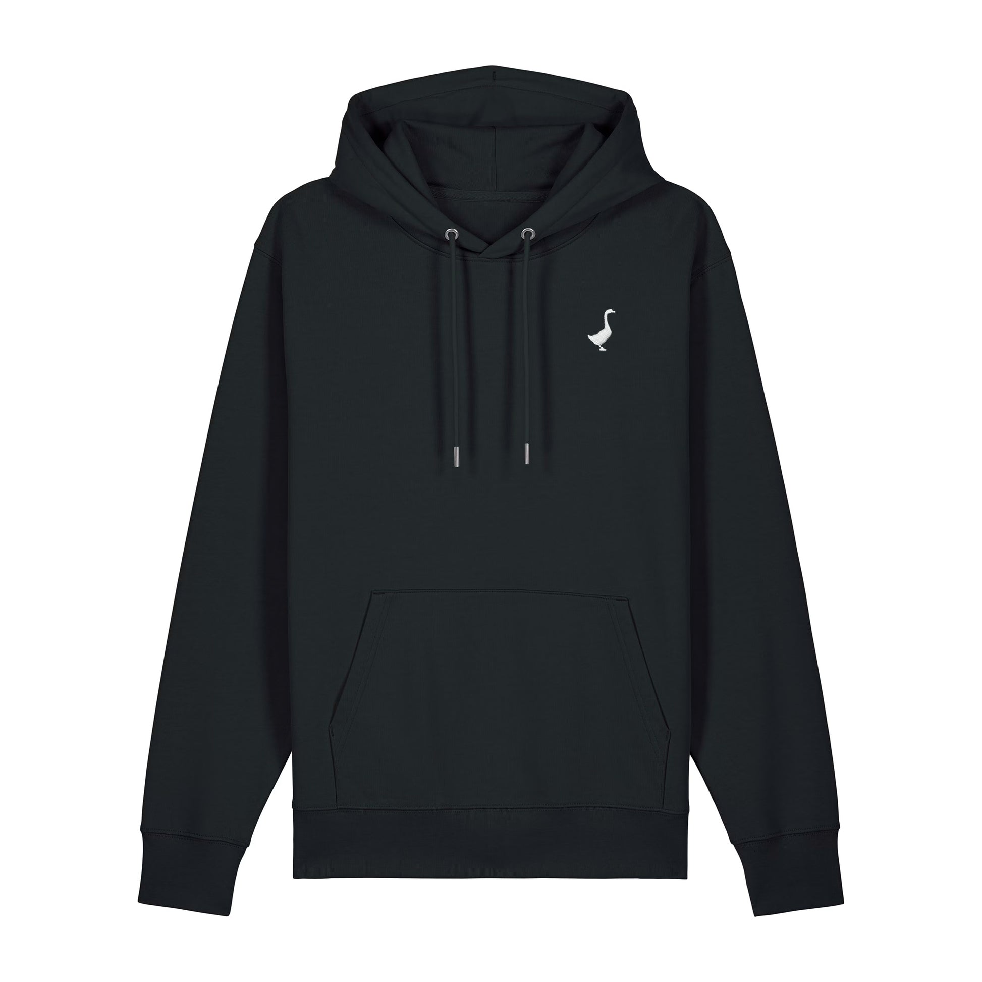 Der Kirchberg von GNSBRND ist ein schwarzer Kapuzenpullover in Unisex-Passform mit einer Fronttasche, Kordelzügen und einem kleinen weißen Gänselogo auf der linken Brust. Aus Bio-Baumwolle und recyceltem Polyester gefertigt, ist er perfekt für den täglichen Komfort.