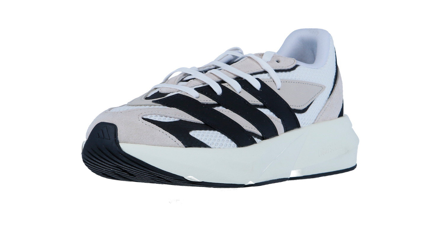 Der Adidas LIGHTBLAZE ist ein stylischer Herren Sneaker mit weißem Mesh-Obermaterial, beigen Wildleder-Akzenten, fetten schwarzen Streifen und innovativer LIGHTSTRIKE Zwischensohle für Komfort. Mit weißen Schnürsenkeln, dicker Sohle und schwarzer Laufsohle.