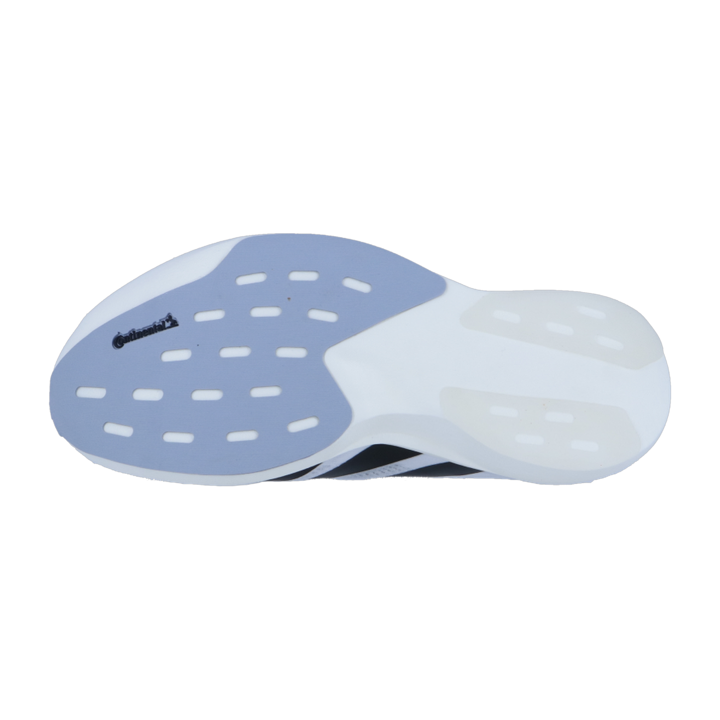 Das Bild zeigt die Sohle des Adidas adizero Evo SL W, mit einem hellblauen und weißen Design mit ovalen Aussparungen, Lightstrike Pro Dämpfung und einem kleinen Continental-Logo in der Nähe der Ferse.