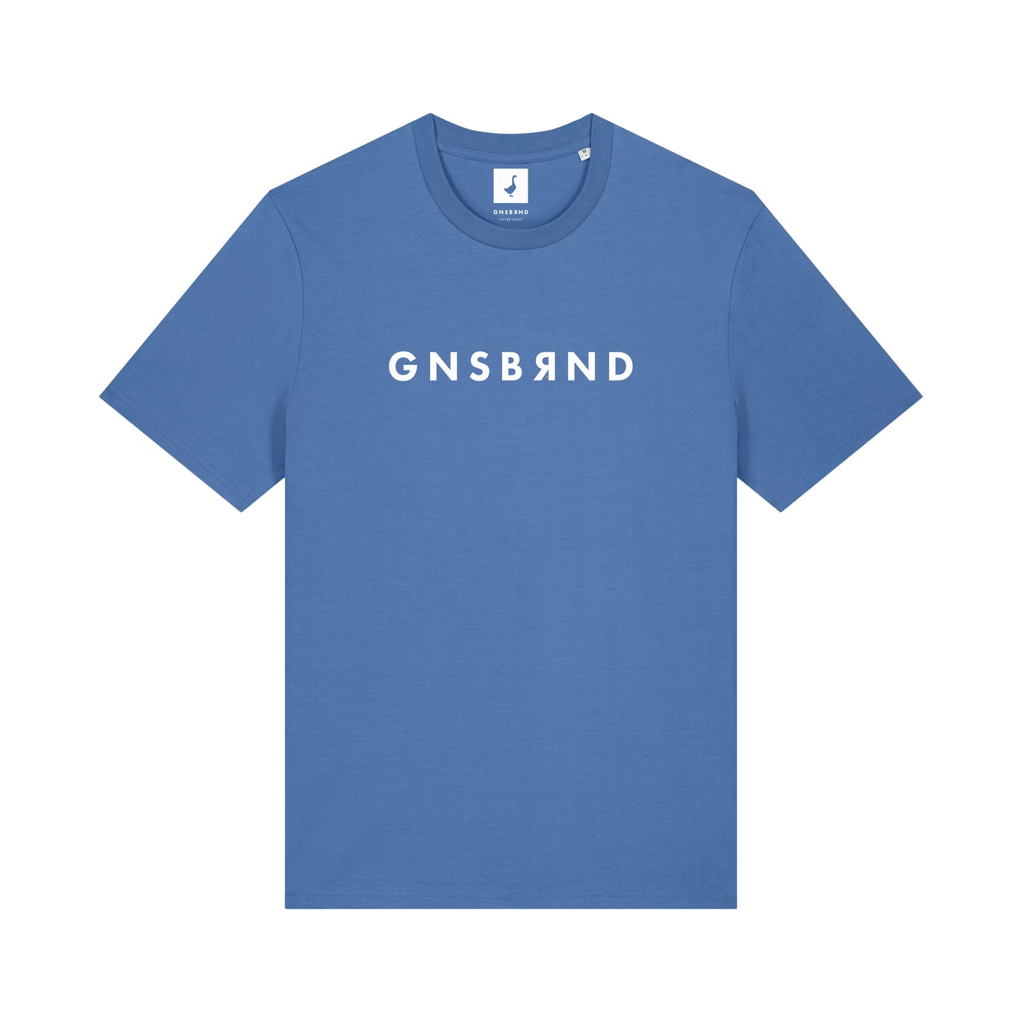 Das GNSBRND Seibotenberg Shirt ist ein blaues, kurzärmeliges Unisex-T-Shirt aus Bio-Baumwolle mit auffälligen weißen Großbuchstaben und einem umgekehrten R auf der Brust - ideal für den Alltag.