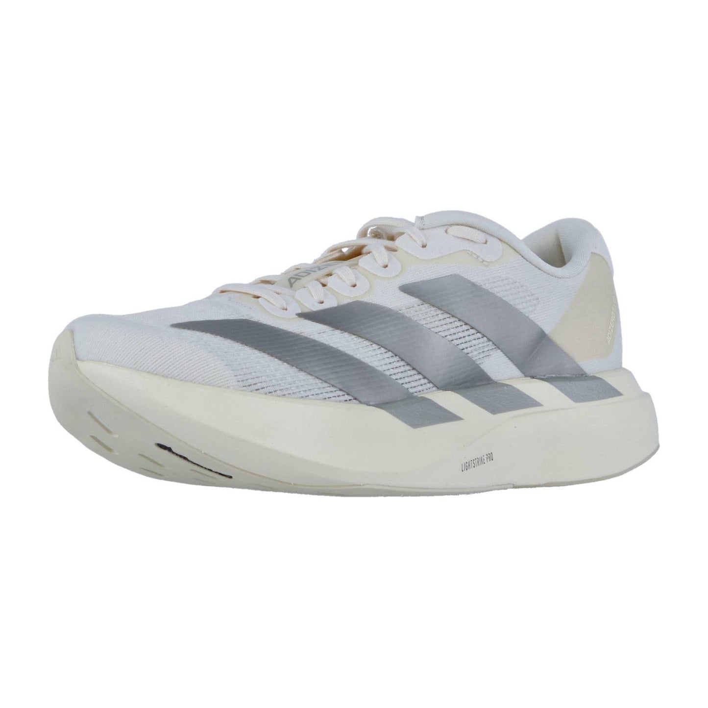 Der Adidas adizero Evo SL W ist ein weißer Laufschuh für Frauen mit grauen Streifen, beigen Akzenten und einer dicken weißen Lightstrike Pro-Zwischensohle, hier von der Vorderseite aus gesehen - ideale Laufschuhe Damen.