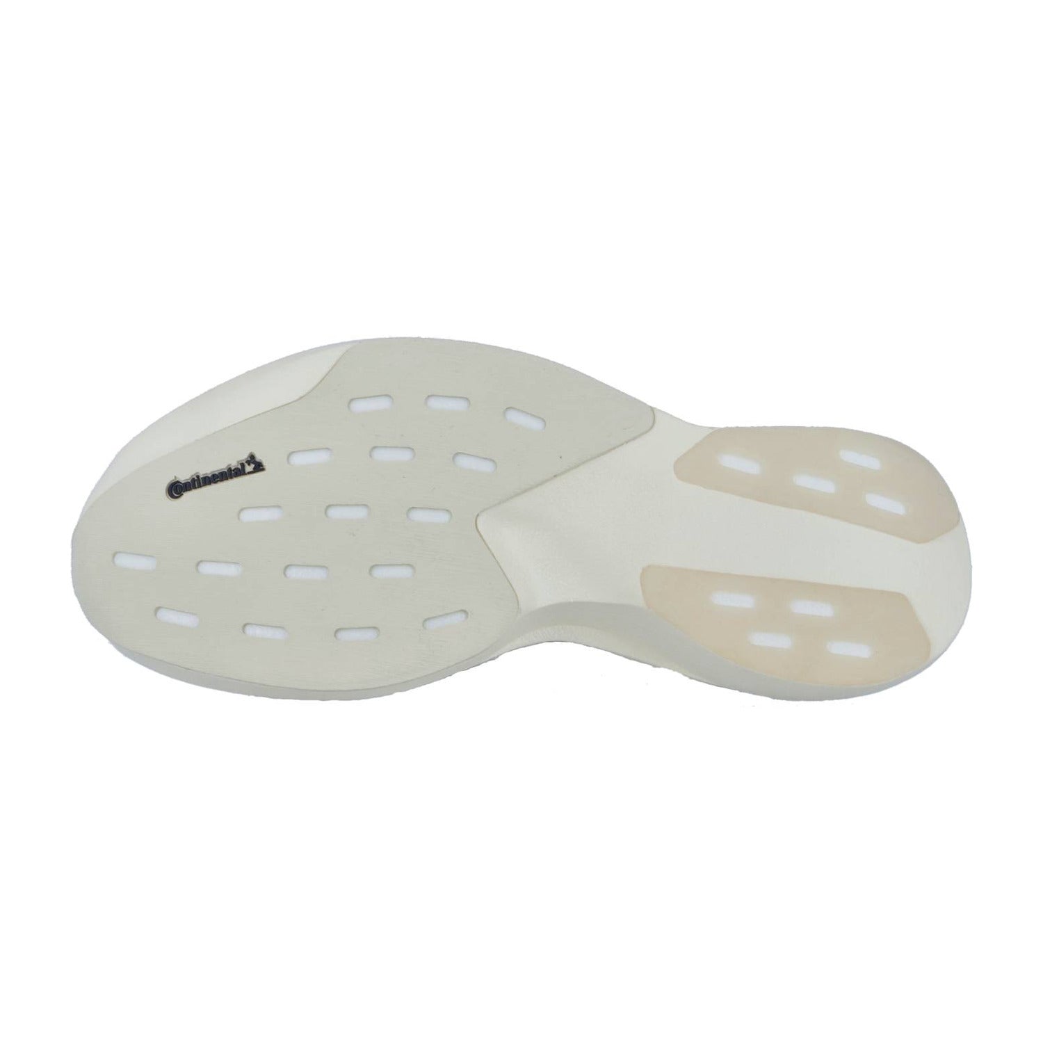 Der Adidas adizero Evo SL W hat eine weiße Sohle mit beigen Traktionspads, rechteckige Aussparungen und ein schwarzes Continental-Logo auf der linken Seite sowie ein strukturiertes, leicht geschwungenes Design.