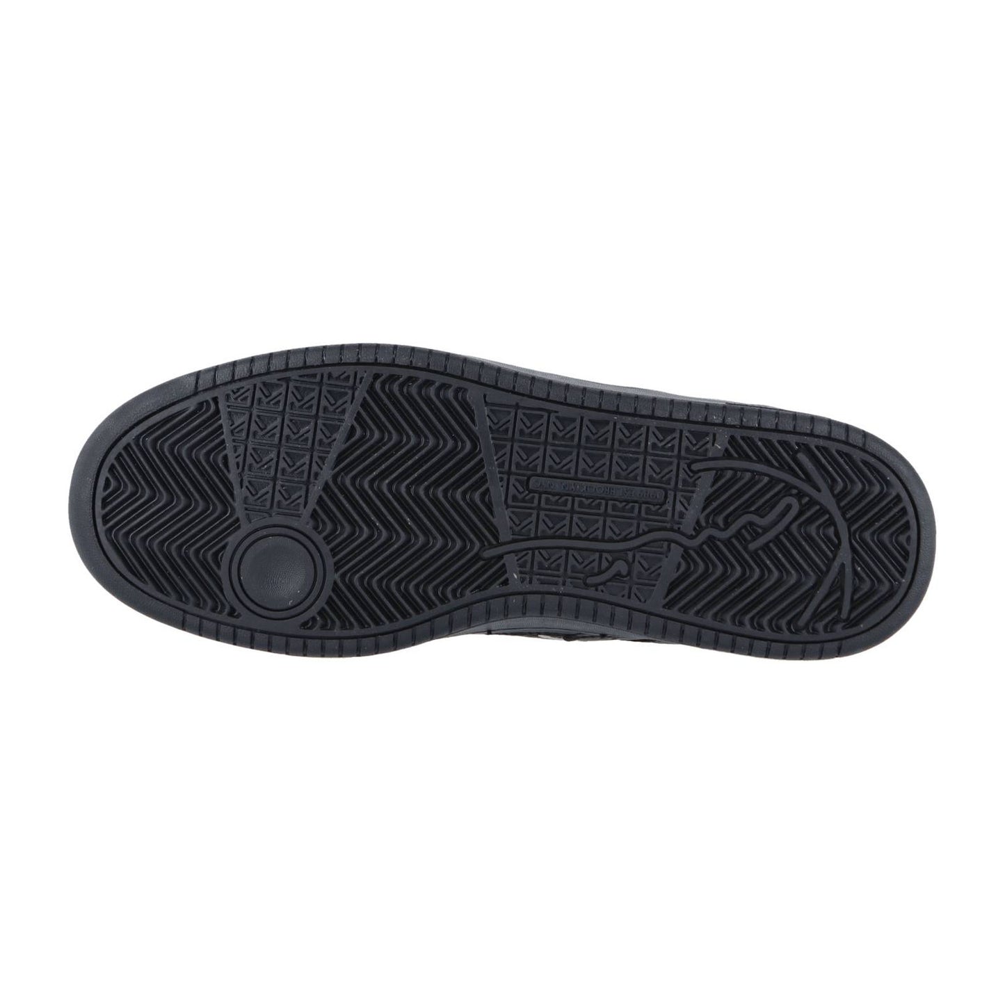 Das Bild zeigt die schwarze Gummilaufsohle des Karl Kani 89 Classic BLACK MN mit Fischgrätprofil und kreisförmigem Grip-Muster sowie einem geprägten Basketballspieler in Bewegung - ideal für den Streetstyle.
