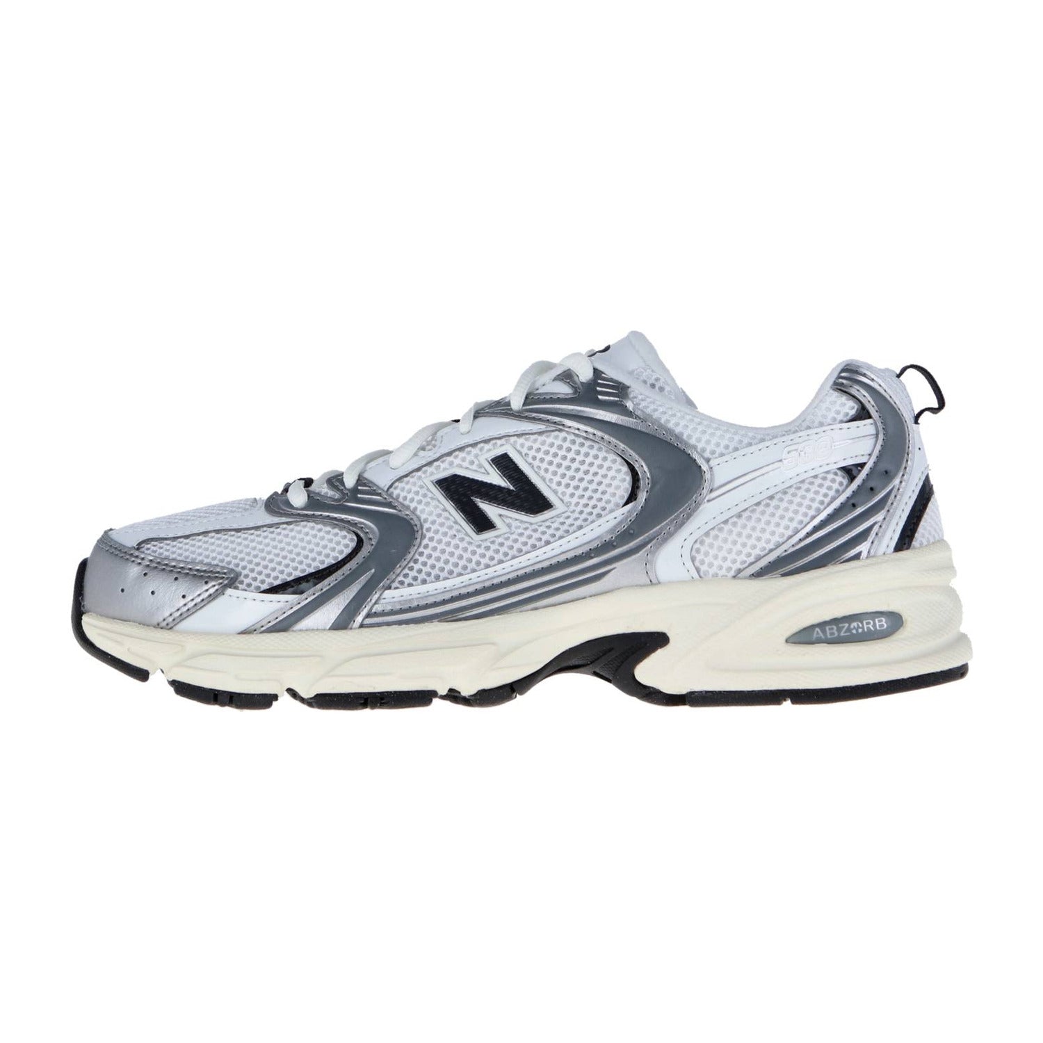 Der New Balance U530V1 ist ein weiß-grauer Retro-Sneaker mit schwarzen Akzenten, Mesh-Einsätzen, einem schwarzen N-Logo und einer dicken ABZORB-Dämpfungssohle zum Laufen oder Gehen.