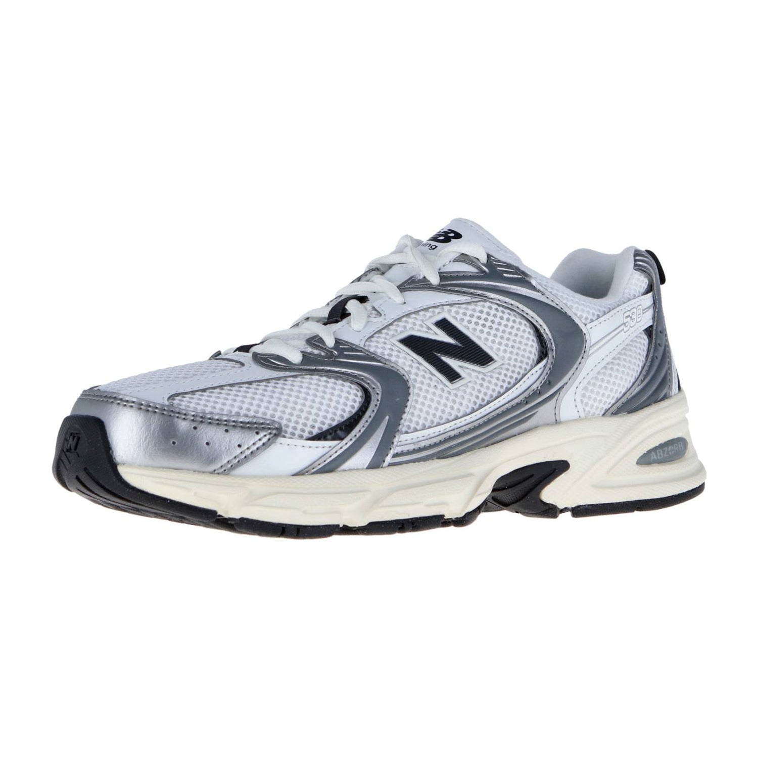Der New Balance U530V1 ist ein weiß-silberner Retro-Sneaker mit schwarzen und grauen Akzenten, Mesh-Obermaterial, Schnürverschluss, dicker, gepolsterter Sohle und ABZORB-Dämpfung für höchsten Komfort.