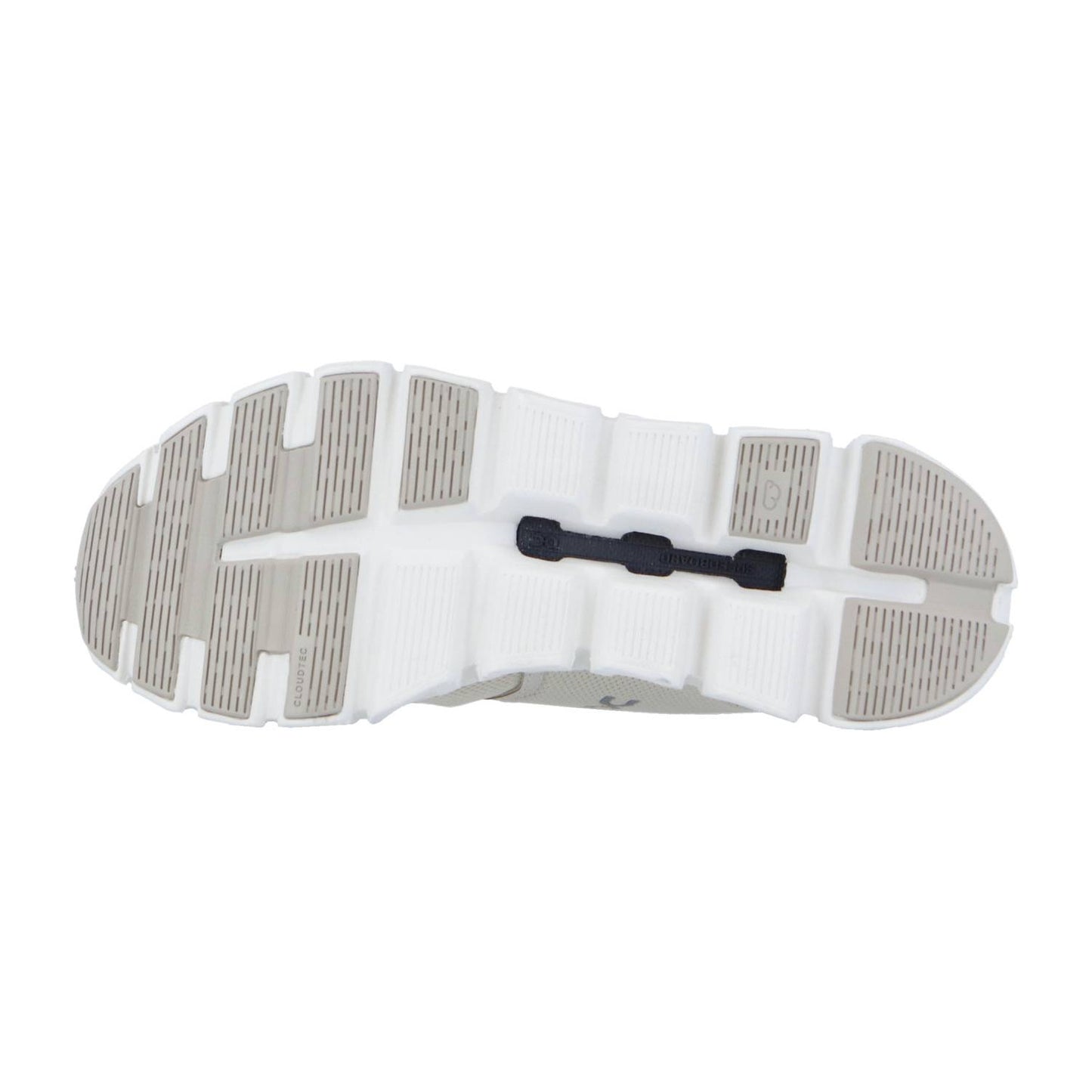 Die Abbildung zeigt die Unterseite der On CLOUD 6 Sneakersohle mit weißer Basis, grau gemusterten Griffbereichen, einem schwarzen zentralen Detail, segmentierten Traktionsrillen und CloudTec-Dämpfung für verbesserte Flexibilität.