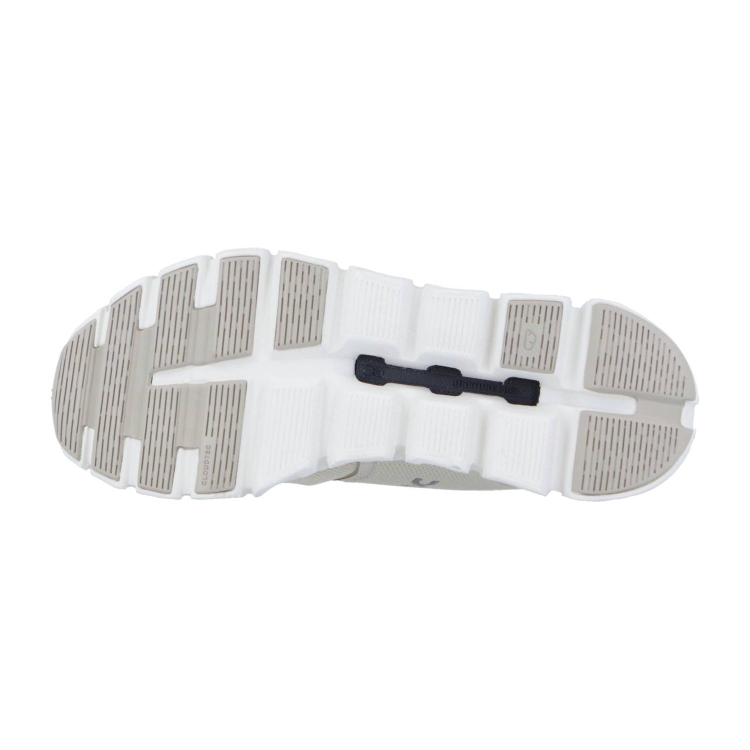 Die Abbildung zeigt die Unterseite der On CLOUD 6 Sneakersohle mit weißer Basis, grau gemusterten Griffbereichen, einem schwarzen zentralen Detail, segmentierten Traktionsrillen und CloudTec-Dämpfung für verbesserte Flexibilität.