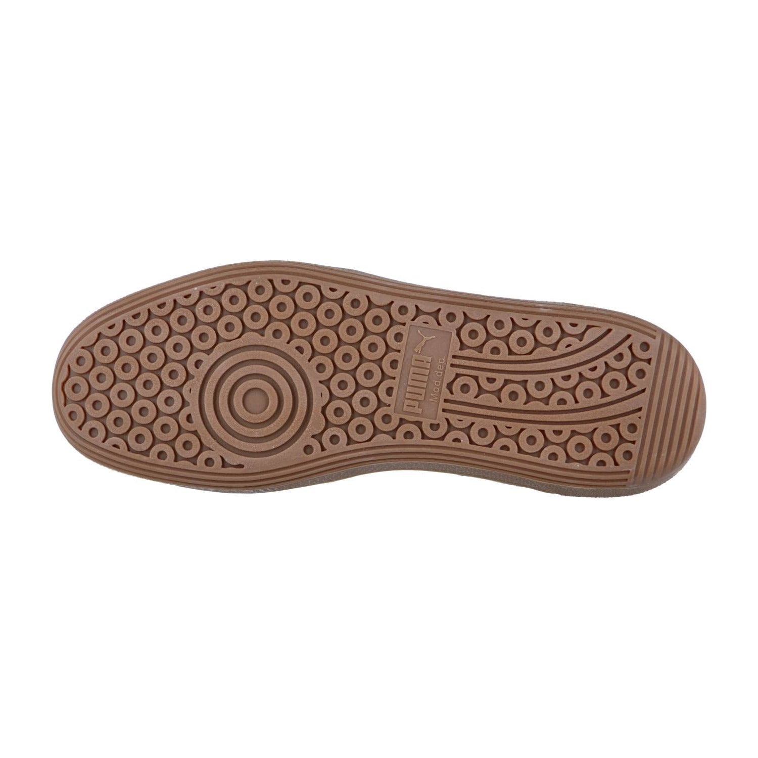 Das Bild zeigt die braune Gummisohle des Puma Palermo Sneakers mit einem kreisförmigen Profil, einem zentralen Ringdesign und einem rechteckigen Logobereich in der Mitte, inspiriert vom klassischen Terrassenstil.