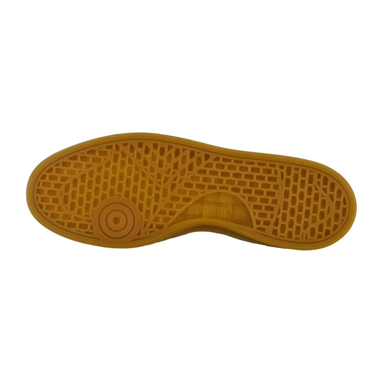 Die gelbe Sohle des Puma Indoor Special zeigt ein geometrisches Profil mit kreisförmigen und gitterförmigen Mustern auf weißem Grund, das den klassischen Retro-Indoor-Sneaker-Stil widerspiegelt.