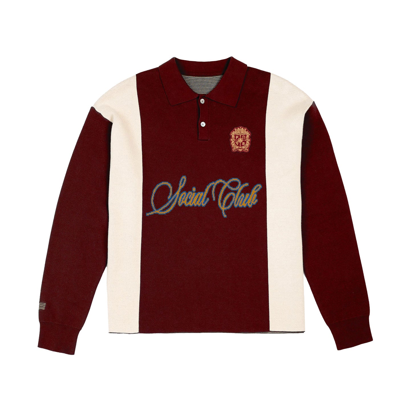 Das PROHIBITED Contrast Clubhouse Knit Brown ist ein langärmeliges Rugby-Shirt aus 100% Baumwolle mit breiten kastanienbraunen und cremefarbenen Streifen, einem gestickten Brustwappen und dem Schriftzug "Social Club" auf der Vorderseite.