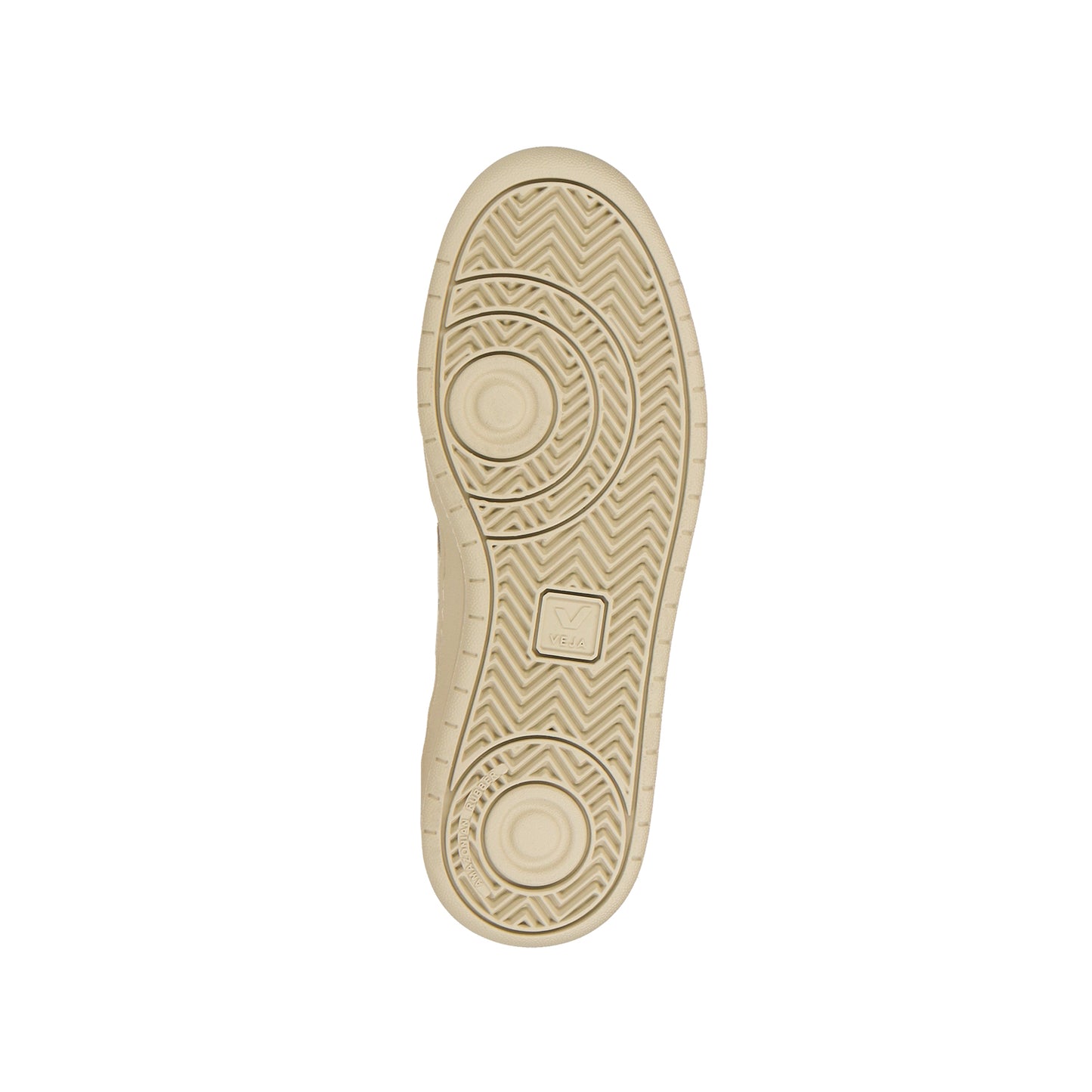 Der Veja V-15 Leather Wmn Extra White Sneaker hat eine beigefarbene Laufsohle mit kreisförmigem und zickzackförmigem Profil, zwei auffällige Kreise an der Ferse und am Vorderfuß und ein zentrales rechteckiges Logo. Die Sohle ist auf einem weißen Hintergrund abgebildet.