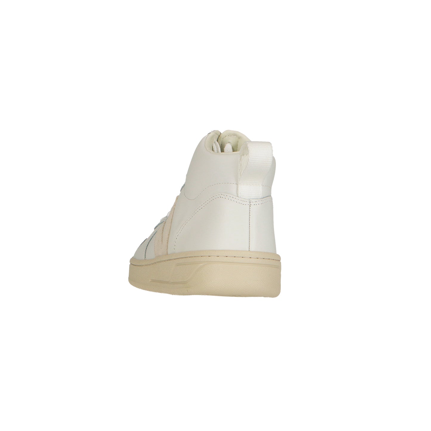 Der Veja V-15 Leather Wmn Extra White Sneaker, ein weißer High-Top mit beiger Sohle, wird von hinten vor einem schlichten weißen Hintergrund gezeigt.