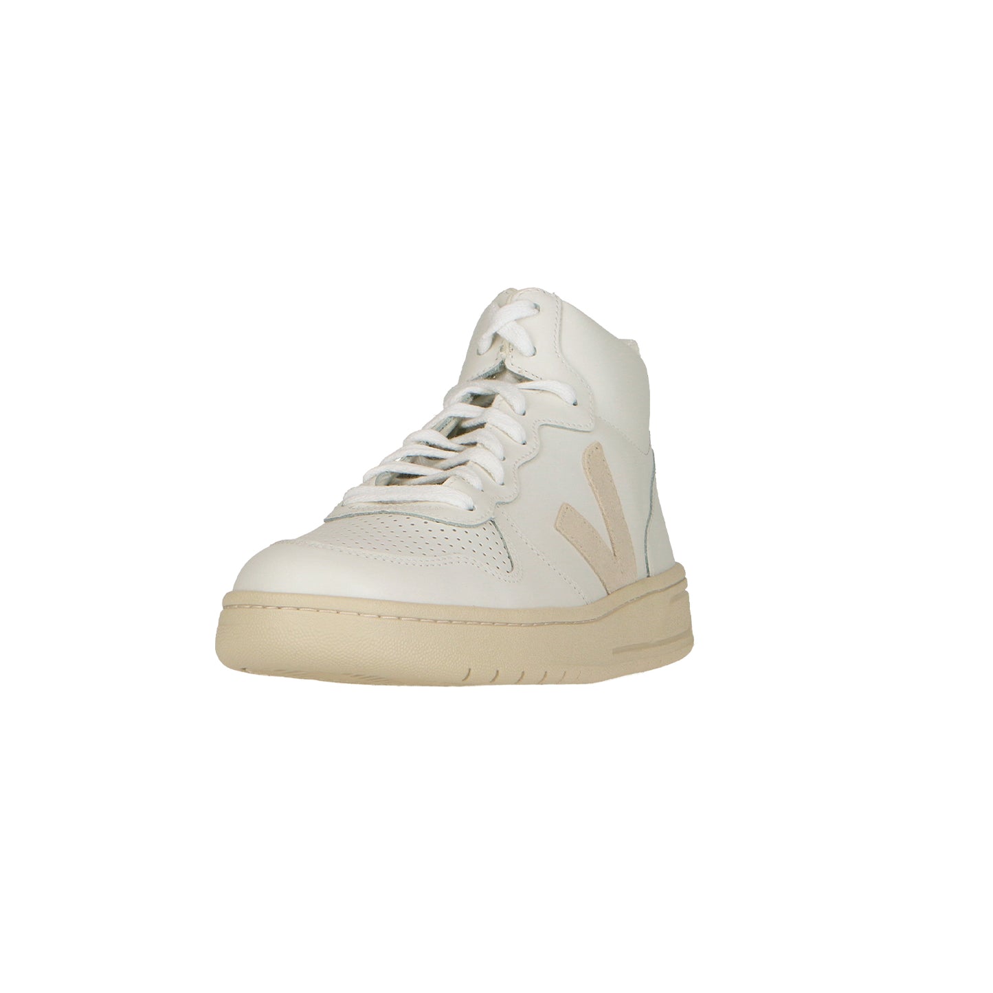 Der Veja V-15 Leather Wmn Extra White ist ein weißer High-Top-Sneaker mit beigen Akzenten, einer beigen Sohle und perforierten Zehendetails aus Uruguay-Rindsleder, der auf einem schlichten weißen Hintergrund gezeigt wird.
