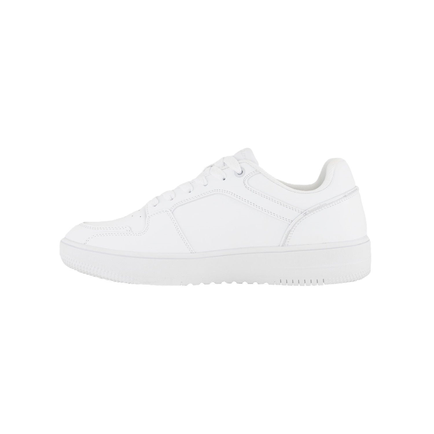 Der Champion RD18 2.0 LOW Weiß MN ist ein schlichter weißer Low-Top-Sneaker aus PU und Textil mit weißen Schnürsenkeln, Nähten und Sohle, die im Seitenprofil auf weißem Grund dargestellt sind.
