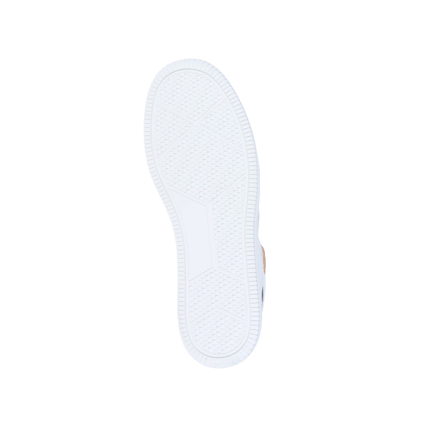 Das Bild zeigt die weiße Sohle des MoEa GEN 1 All Plants/All In Sneakers, von unten betrachtet, mit einem strukturierten Profil für Grip. Sie ist aus kohlenstoffarmen Biomaterialien gefertigt und hebt sich von einem schlichten weißen Hintergrund ab.