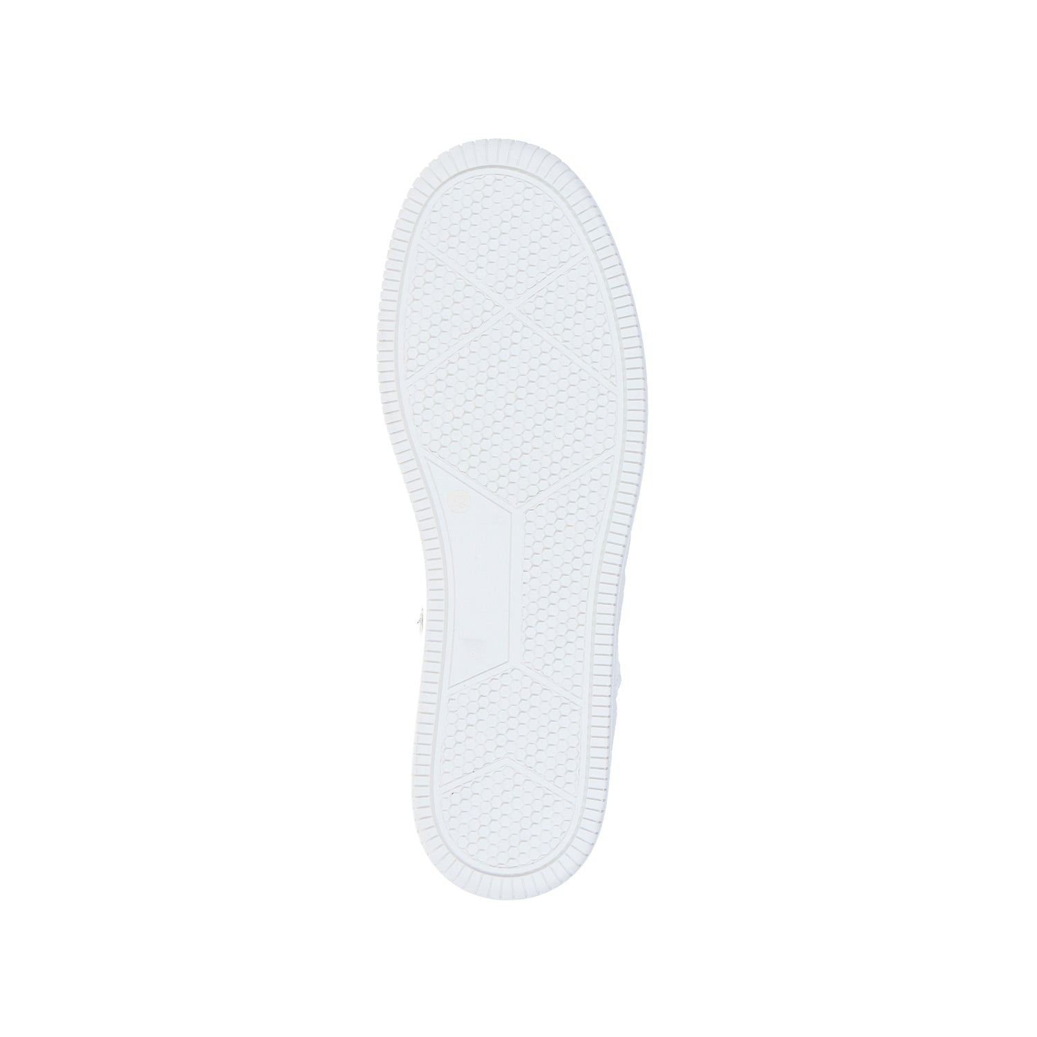 Das Bild zeigt die untere Sohle des MoEa GEN 1 Corn White & Beige Sneakers mit einem strukturierten, geometrischen Griffmuster, einem rechteckigen, leeren Mittelteil und einer erhöhten Kante am Rand.