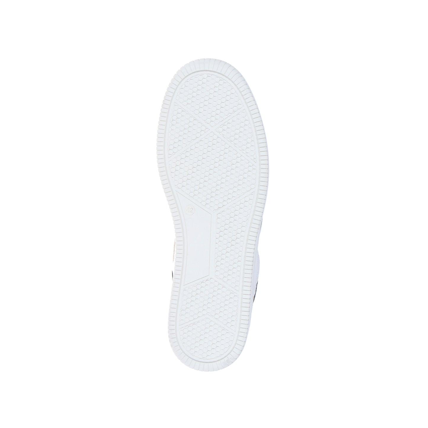 Das Bild zeigt die Unterseite eines weißen MoEa GEN 1 Cactus Tricolor-Sneakers mit einer Kaktushaut-Außensohle mit strukturiertem, rutschfestem Muster und geriffeltem Rand auf einem schlichten weißen Hintergrund.